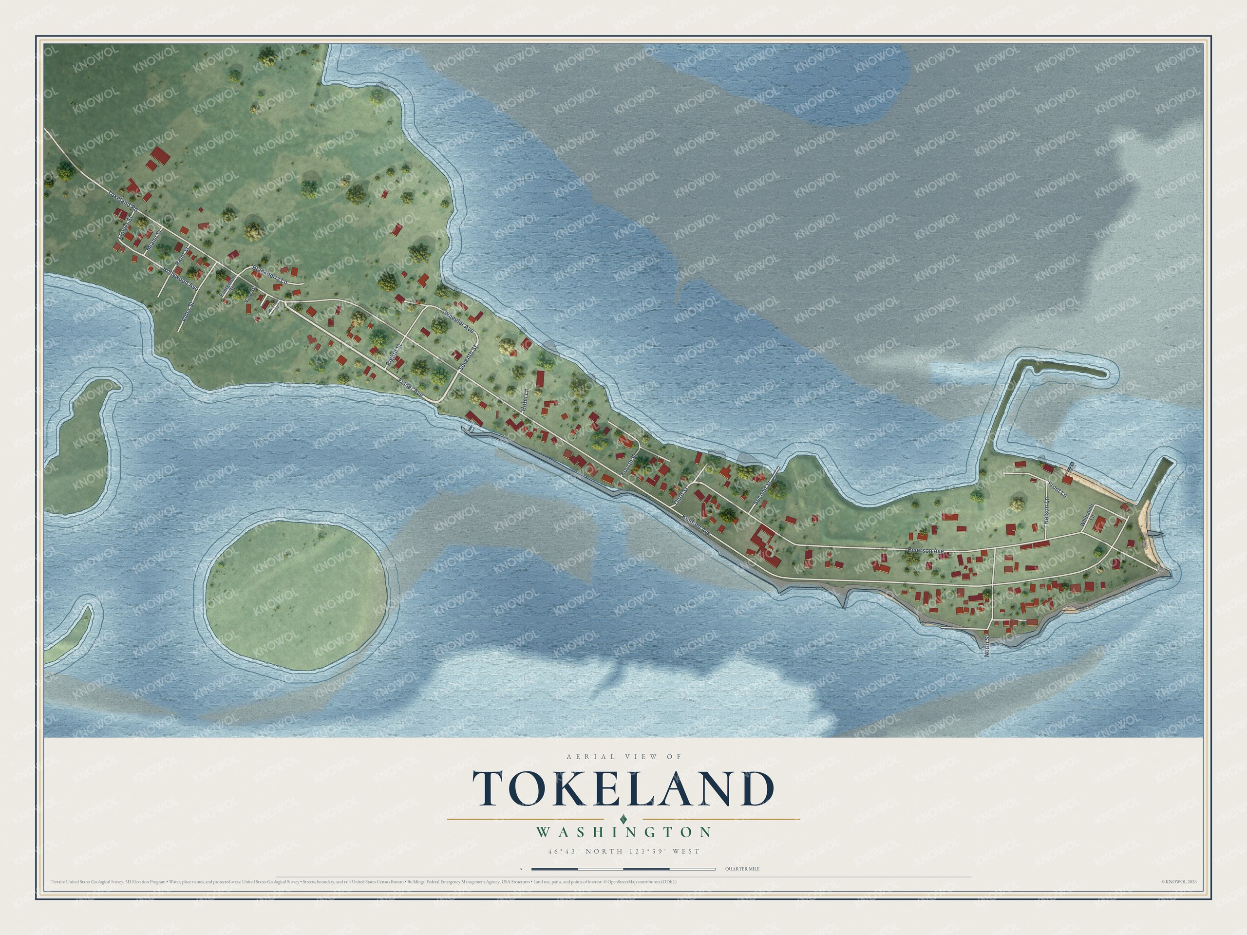 Full map of Tokeland, Washington, with red buildings, printed street names and the land around them