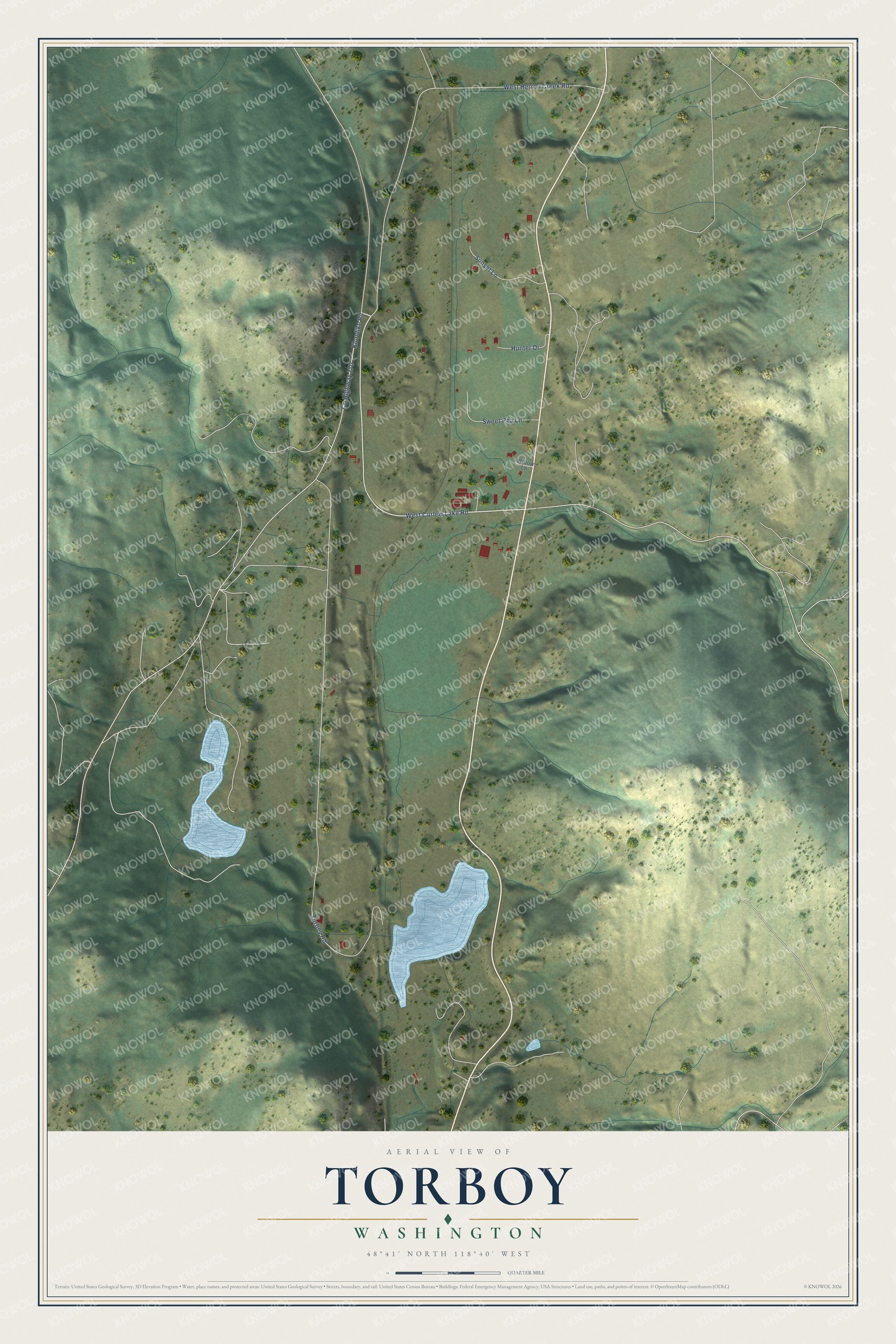 Full map of Torboy, Washington, with red buildings, printed street names and the land around them