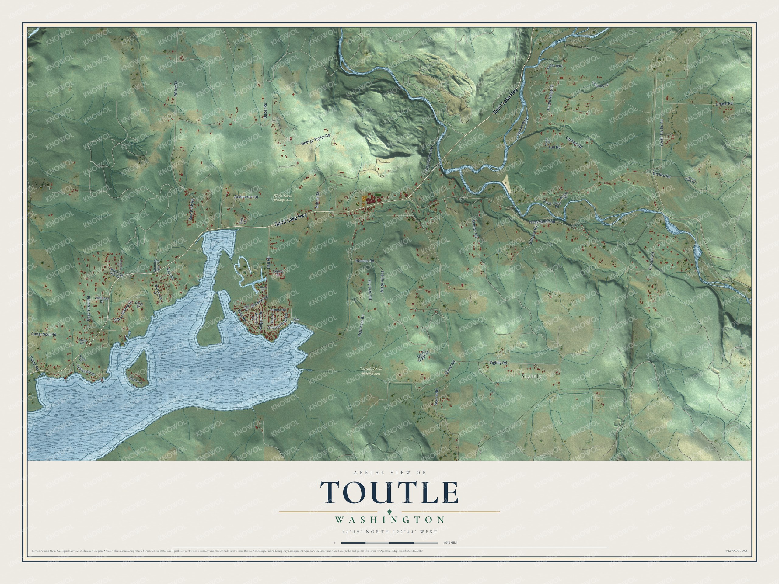 Full map of Toutle, Washington, with red buildings, printed street names and the land around them