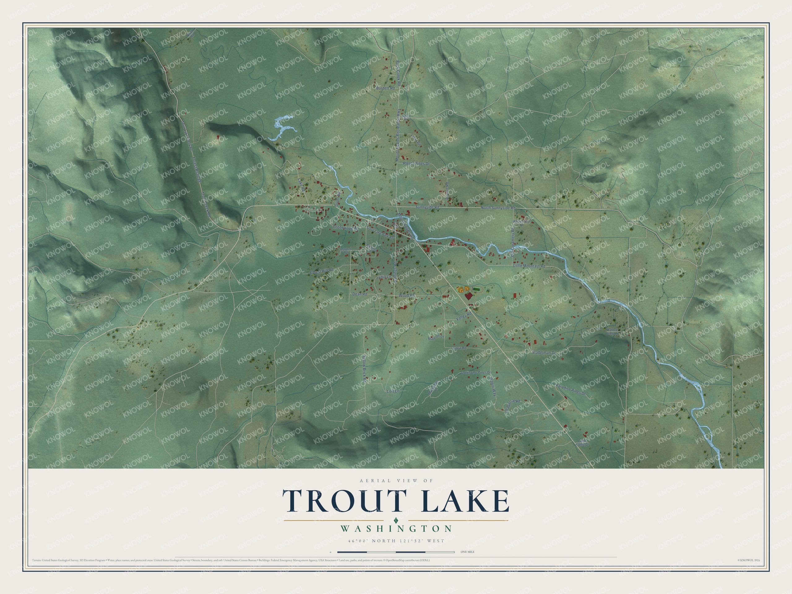 Full map of Trout Lake, Washington, with red buildings, printed street names and the land around them