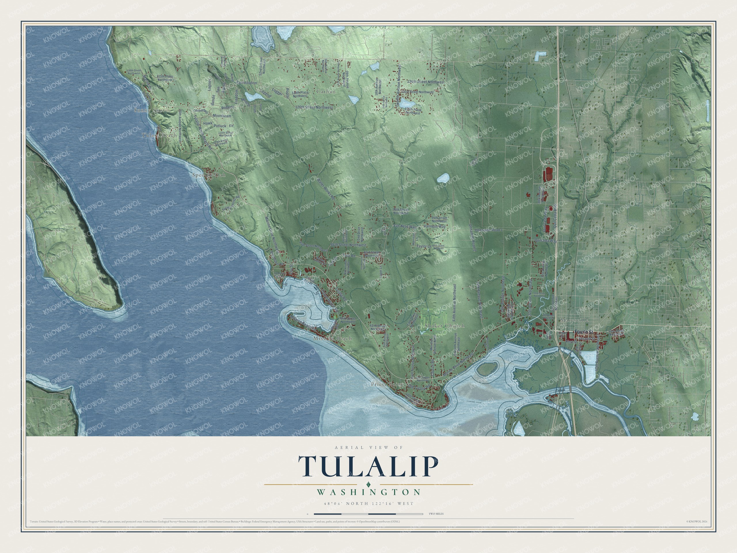 Full map of Tulalip, Washington, with red buildings, printed street names and the land around them