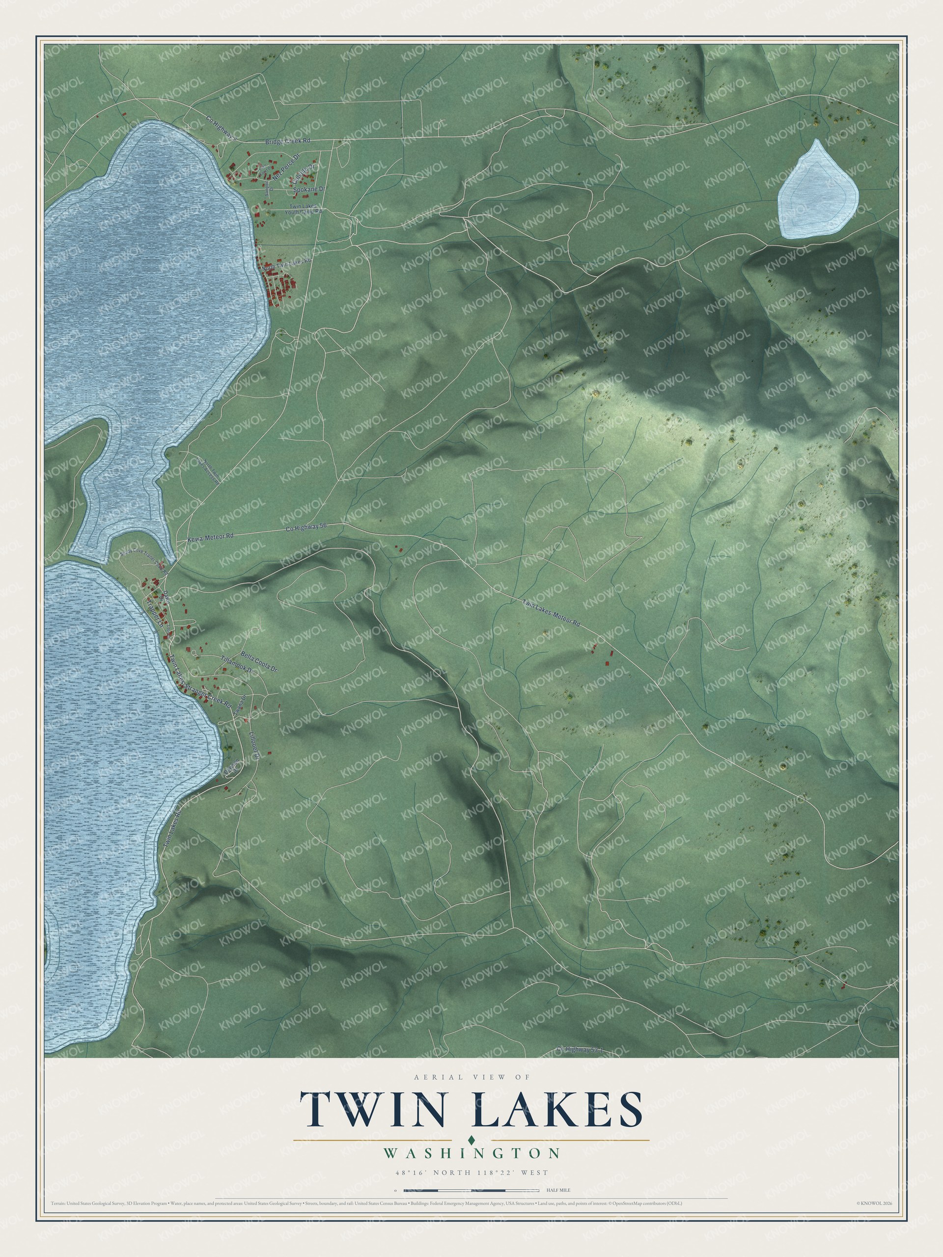 Full map of Twin Lakes, Washington, with red buildings, printed street names and the land around them