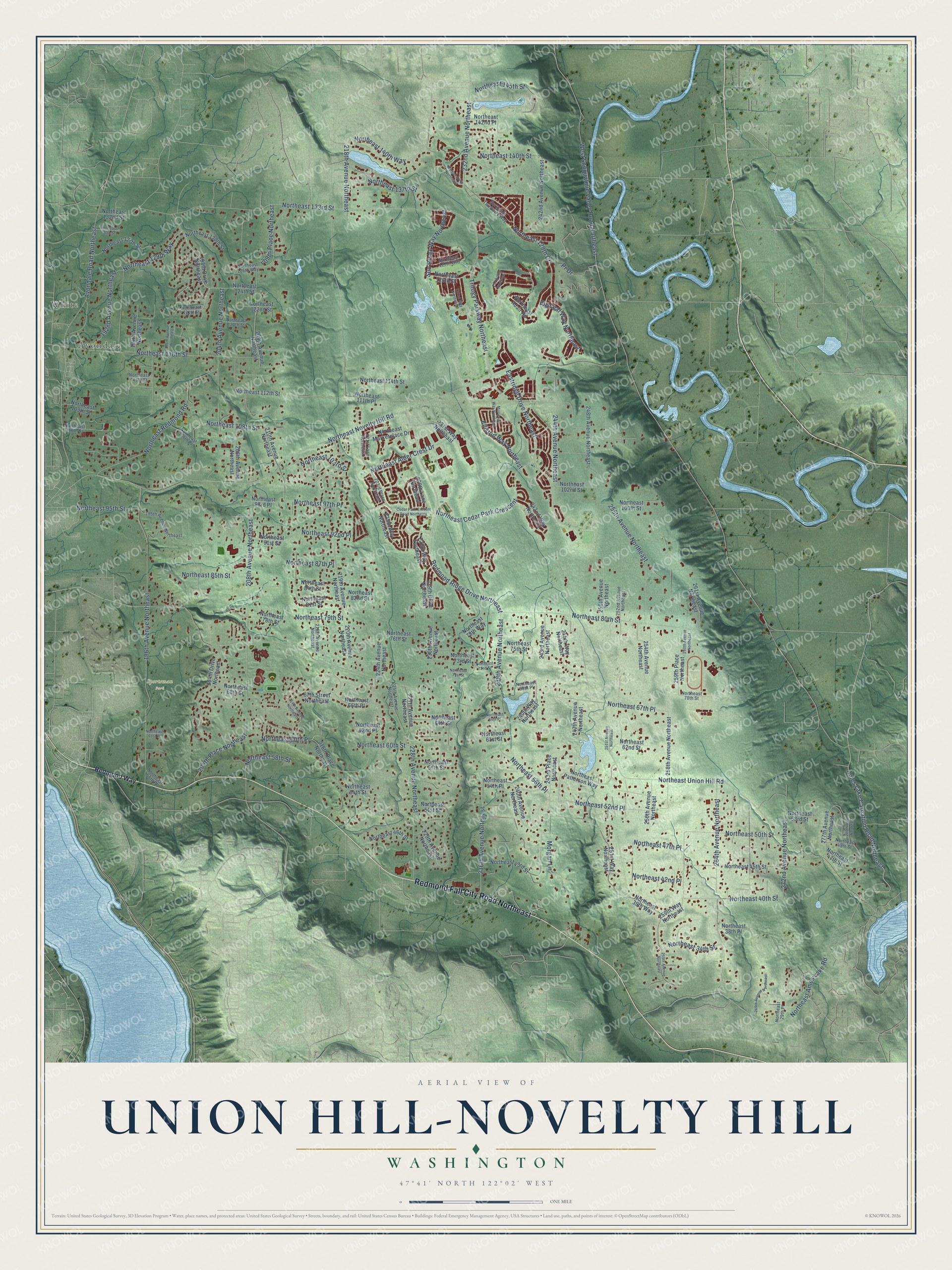Full map of Union Hill-Novelty Hill, Washington, with red buildings, printed street names and the land around them