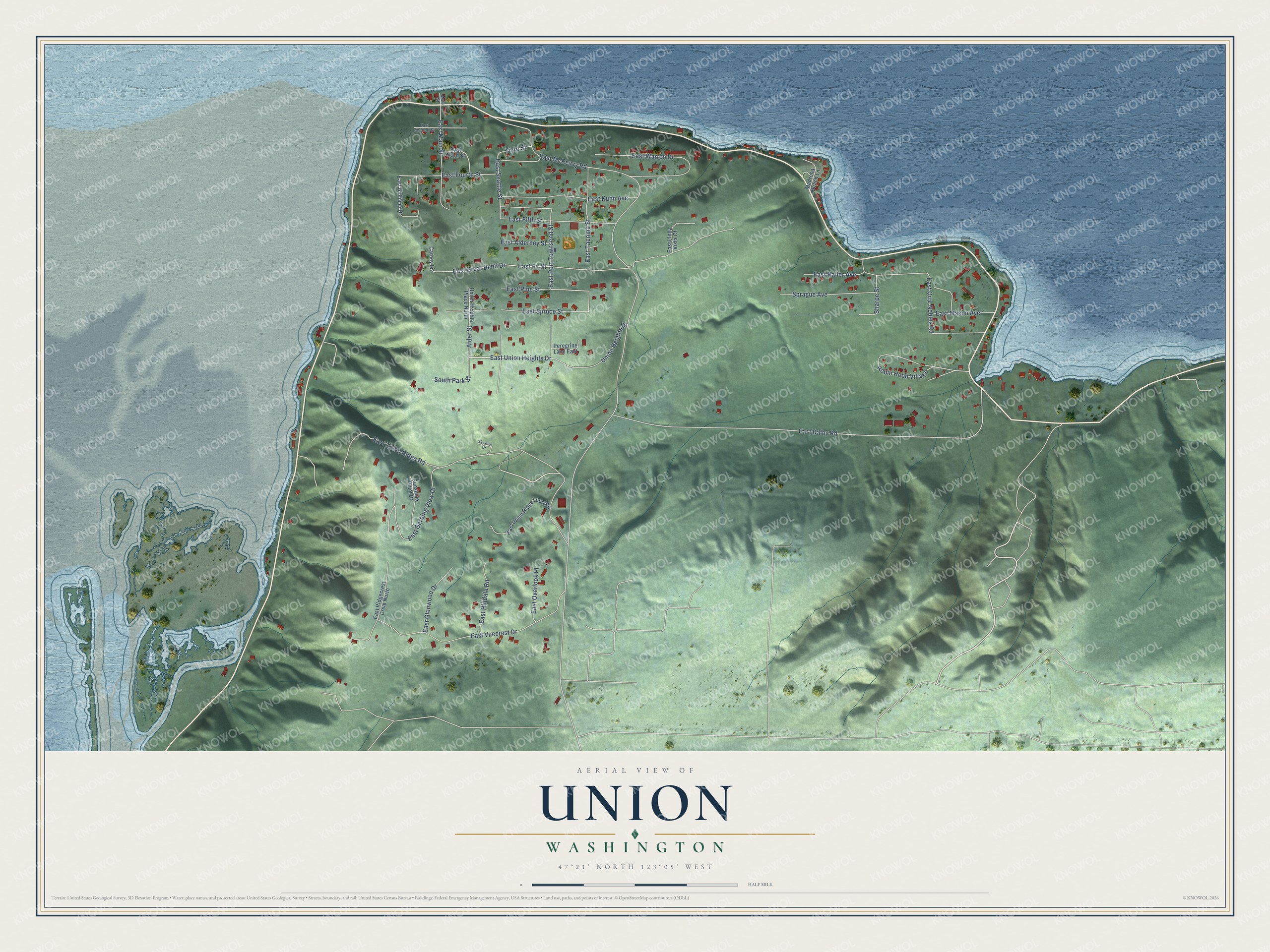 Full map of Union, Washington, with red buildings, printed street names and the land around them