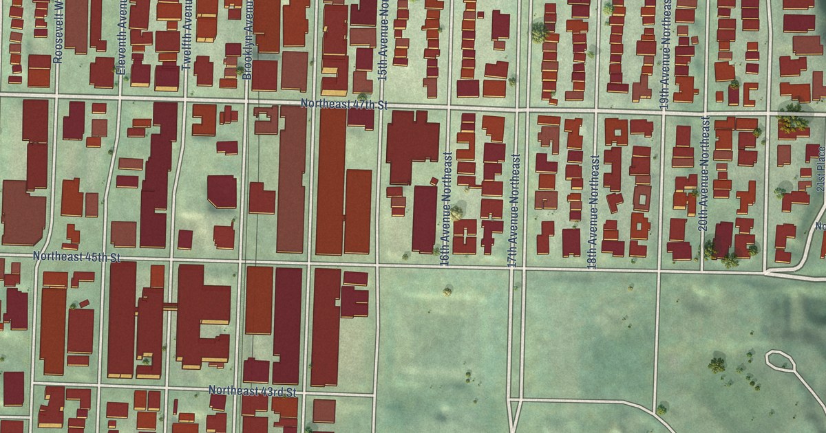 Close-up of streets and buildings in University District, Washington