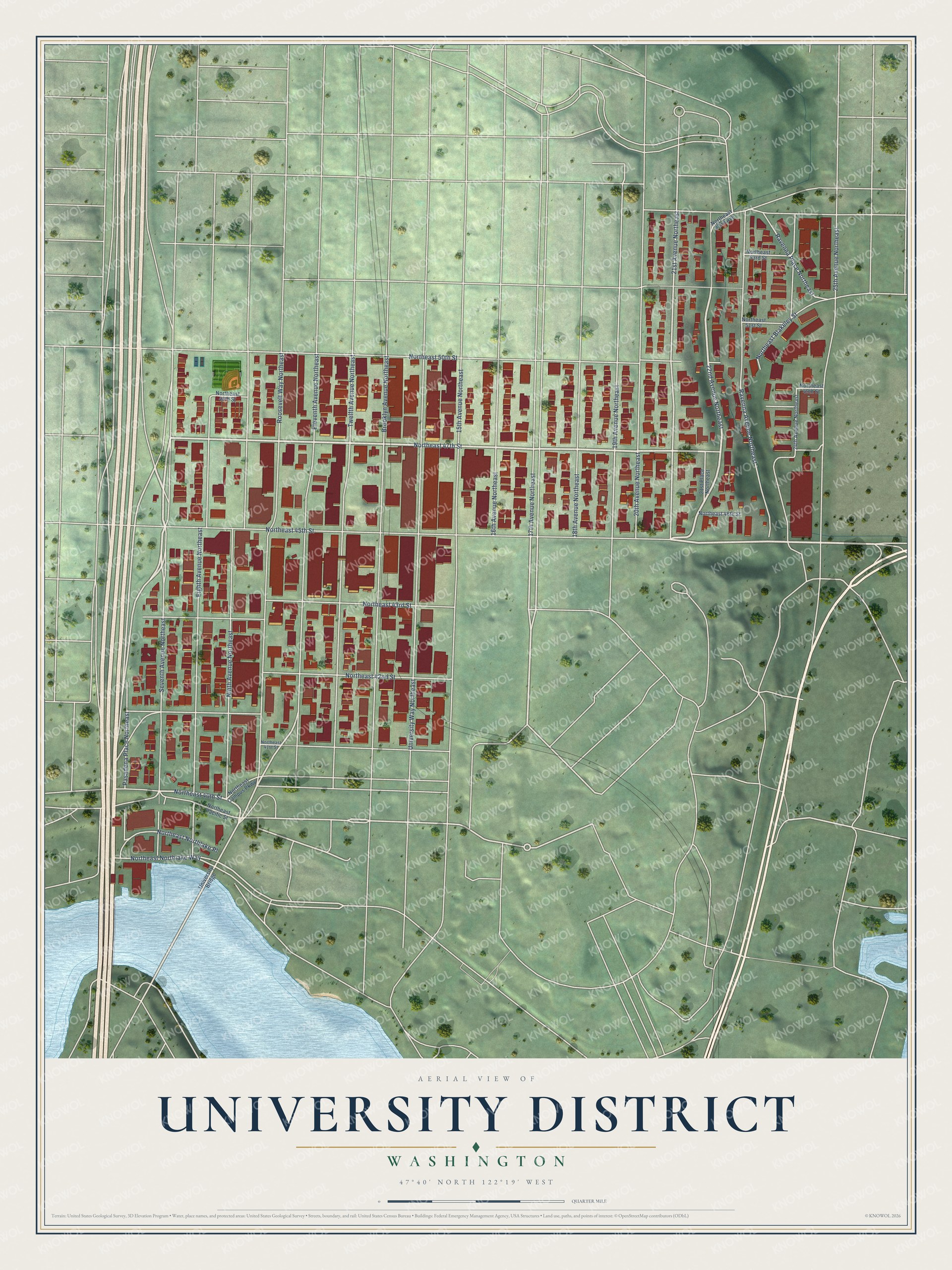 Full map of University District, Washington, with red buildings, printed street names and the land around them