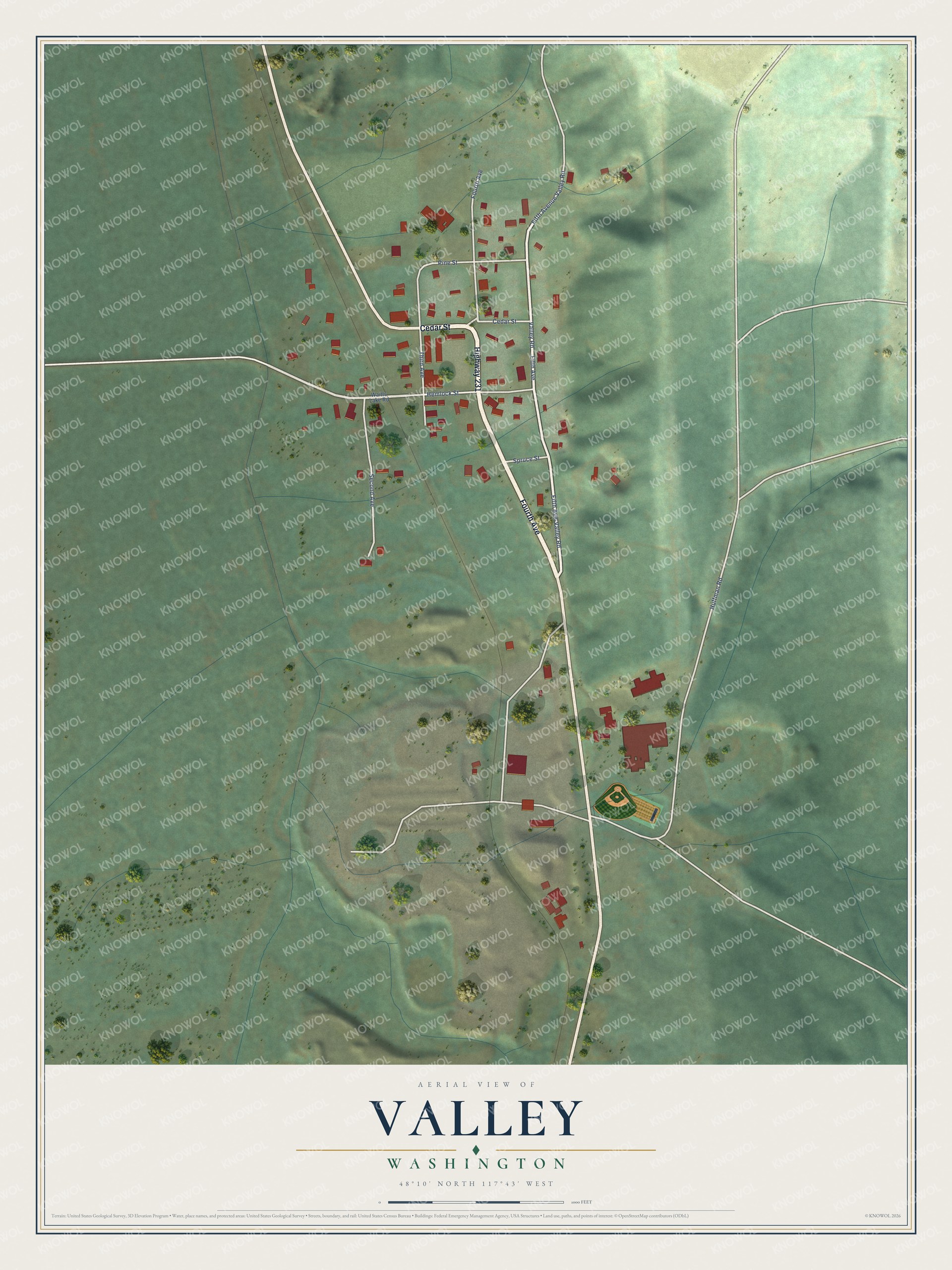 Full map of Valley, Washington, with red buildings, printed street names and the land around them