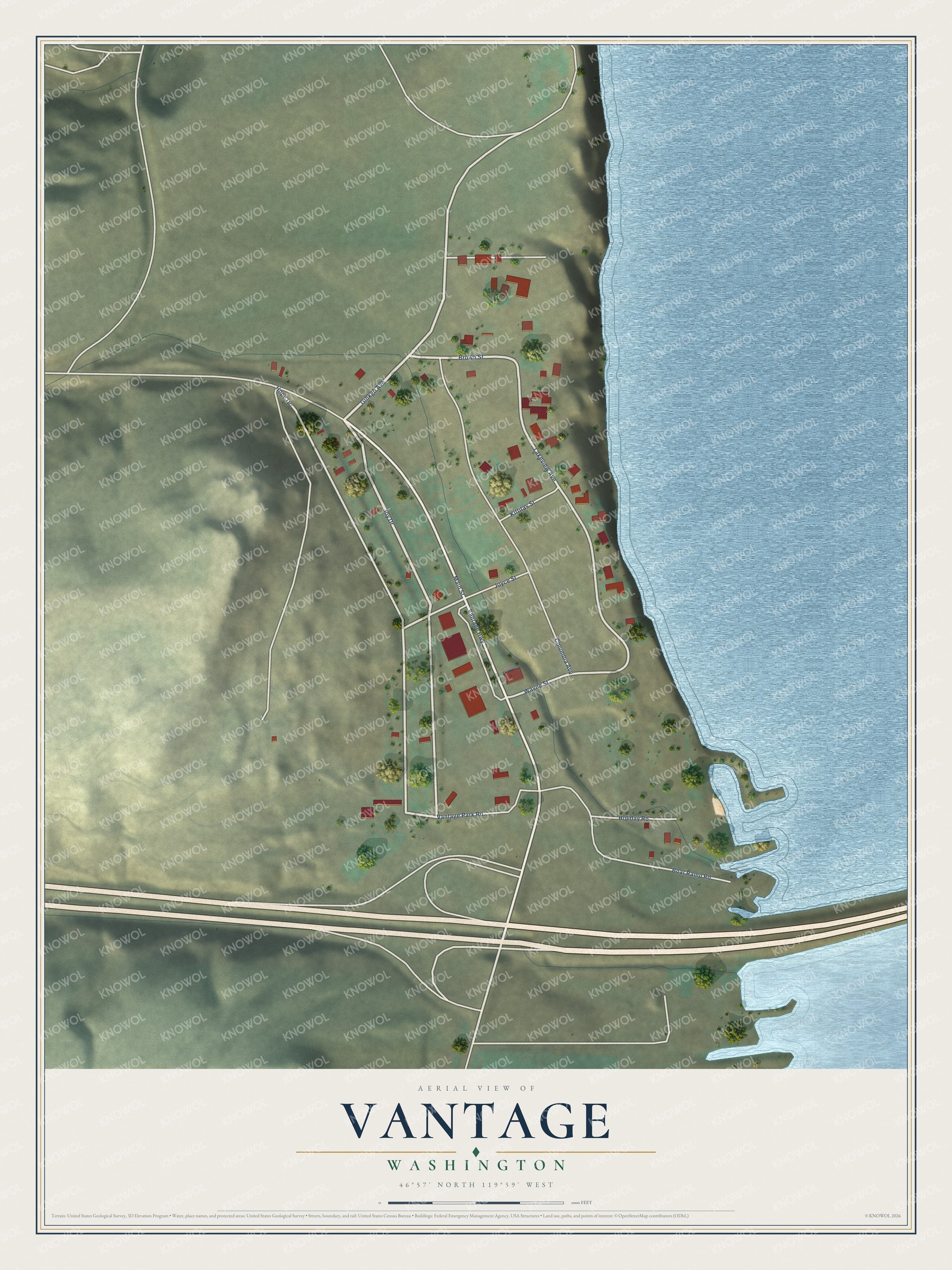 Full map of Vantage, Washington, with red buildings, printed street names and the land around them
