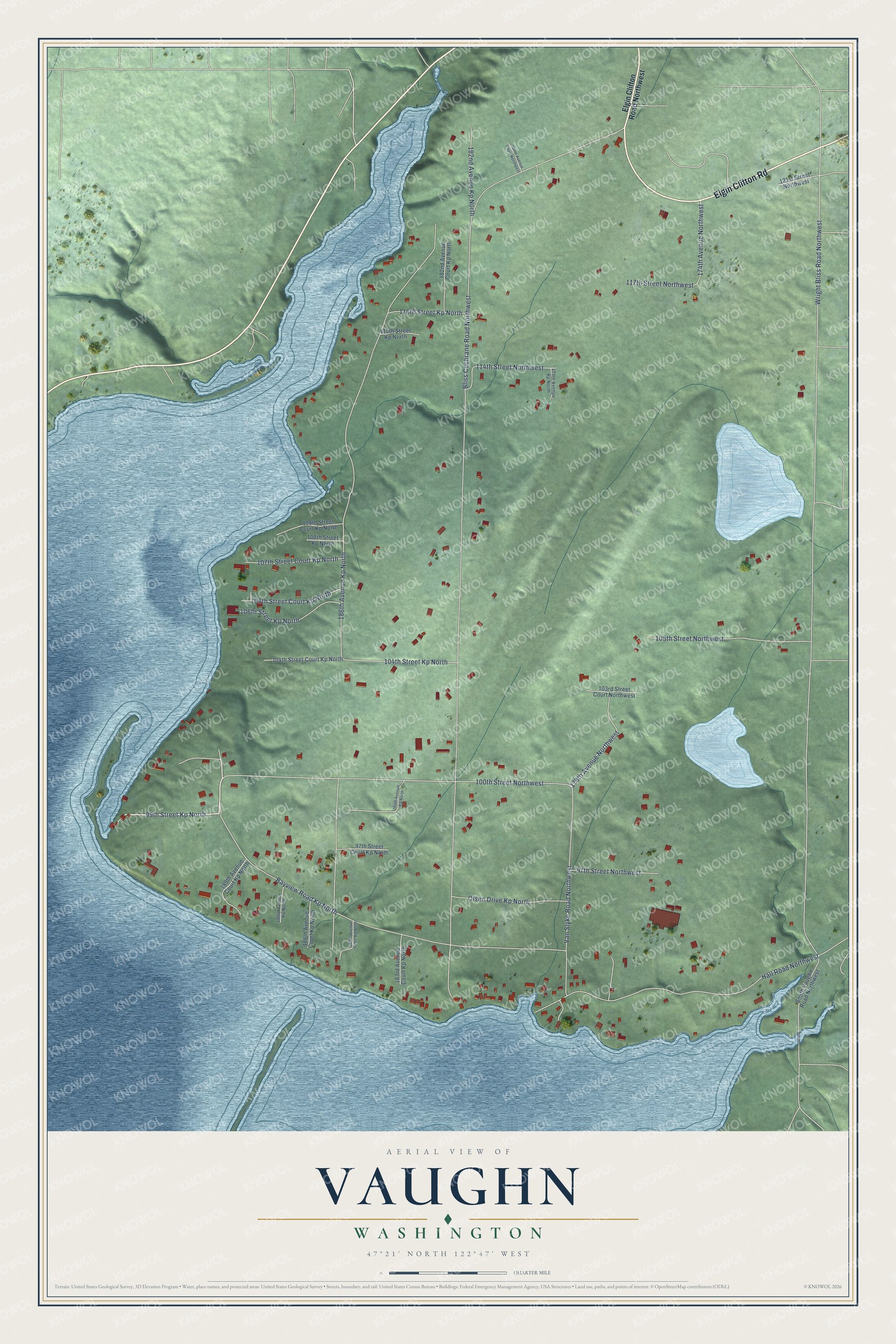 Full map of Vaughn, Washington, with red buildings, printed street names and the land around them