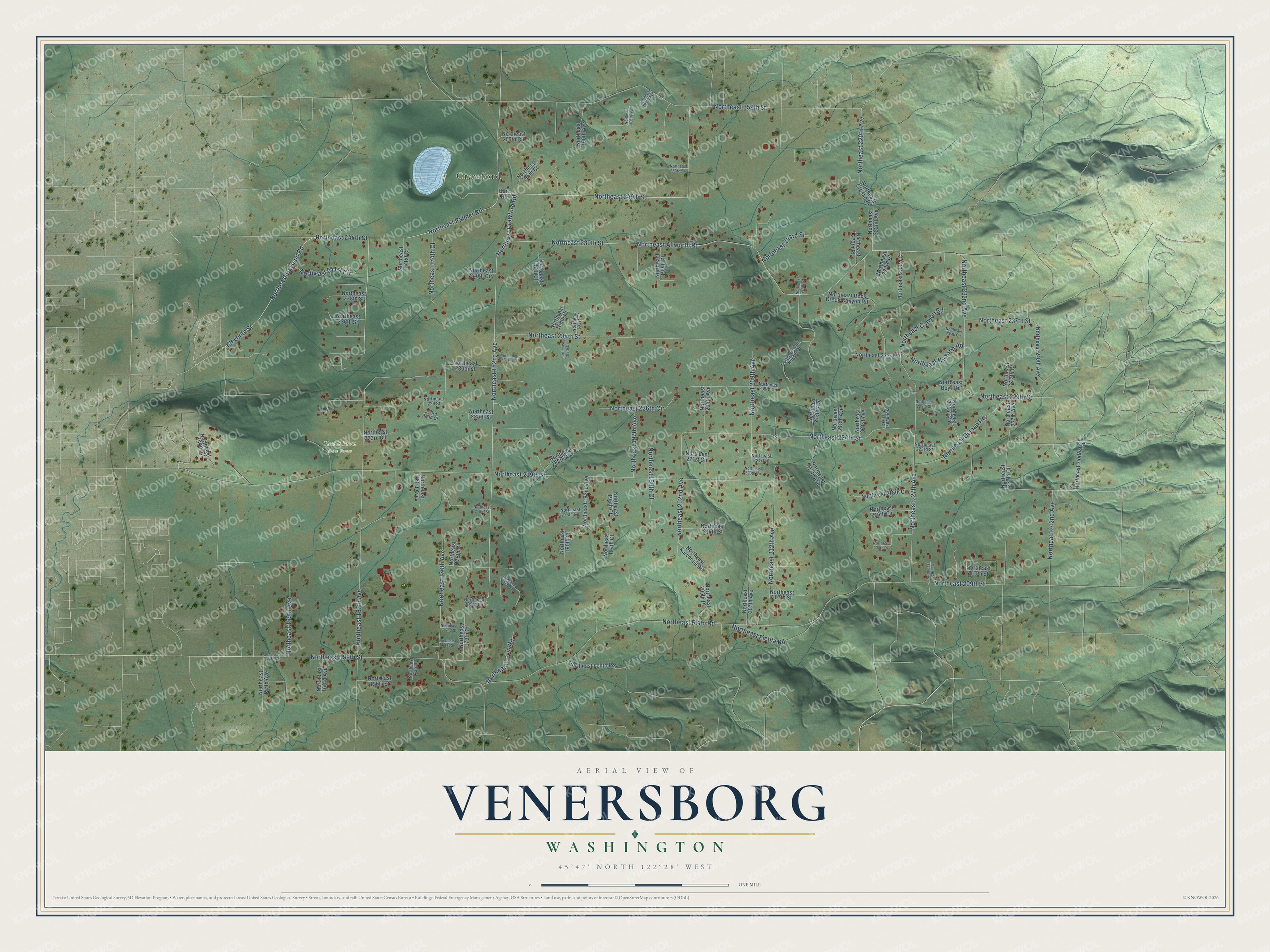 Full map of Venersborg, Washington, with red buildings, printed street names and the land around them