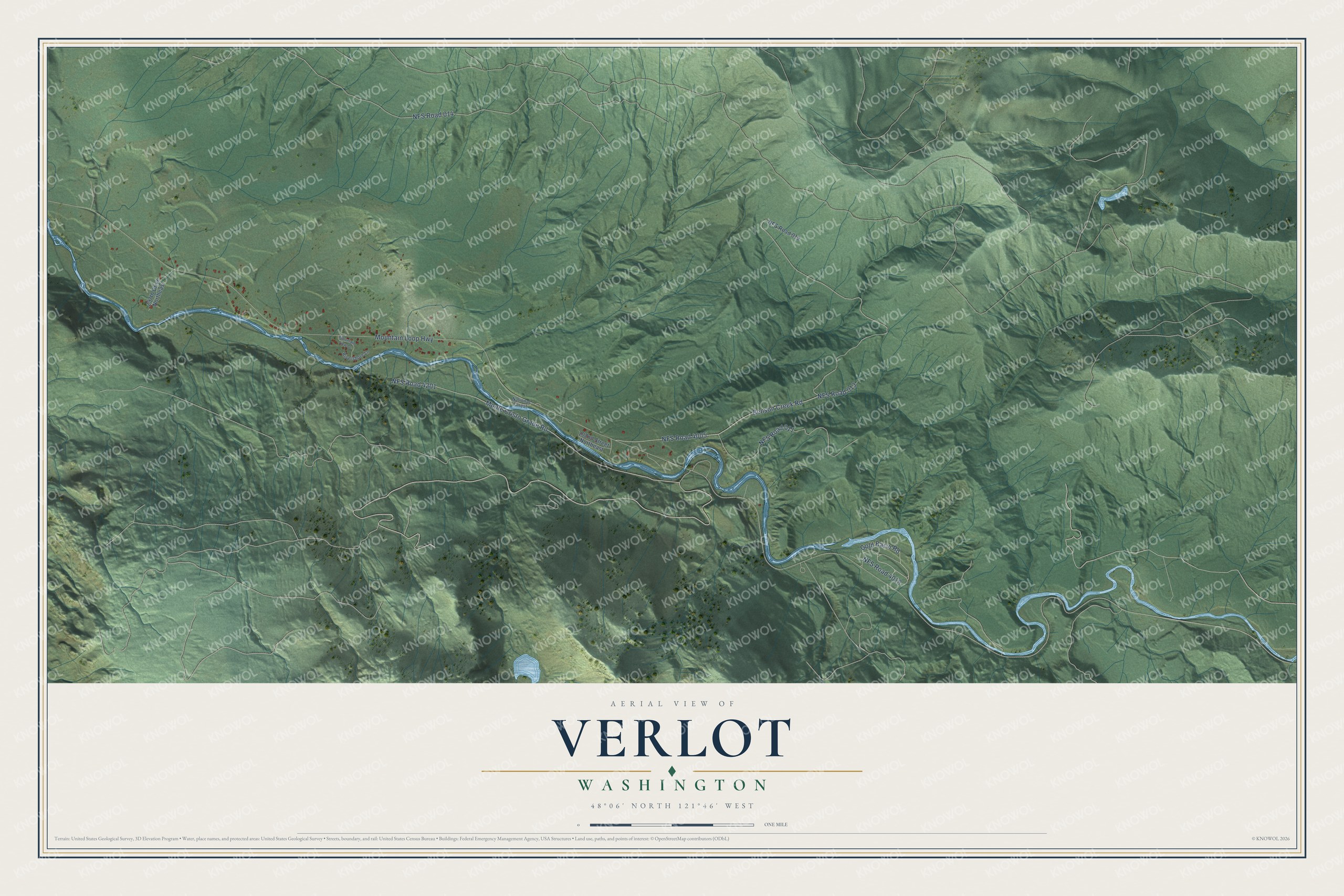 Full map of Verlot, Washington, with red buildings, printed street names and the land around them