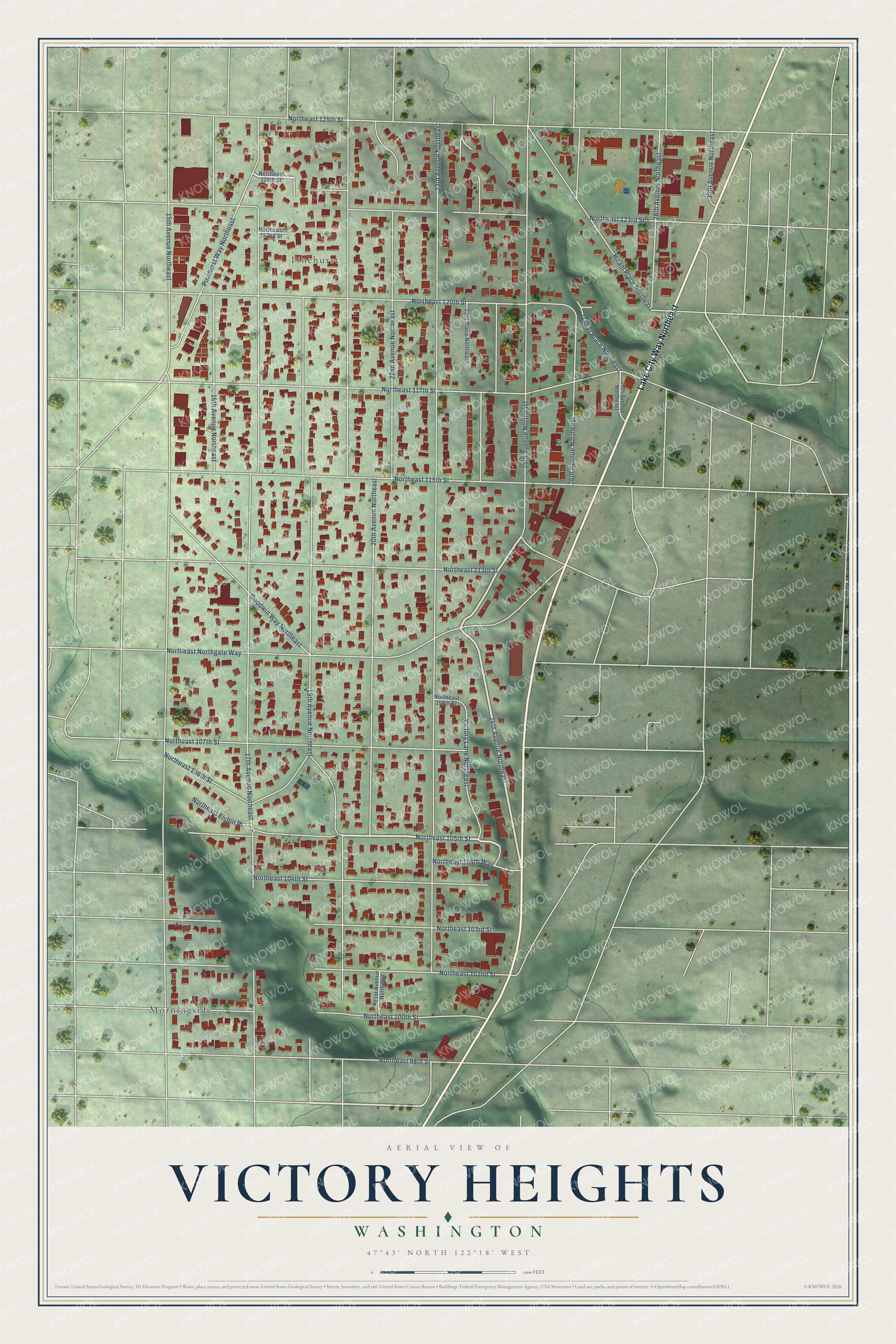 Full map of Victory Heights, Washington, with red buildings, printed street names and the land around them