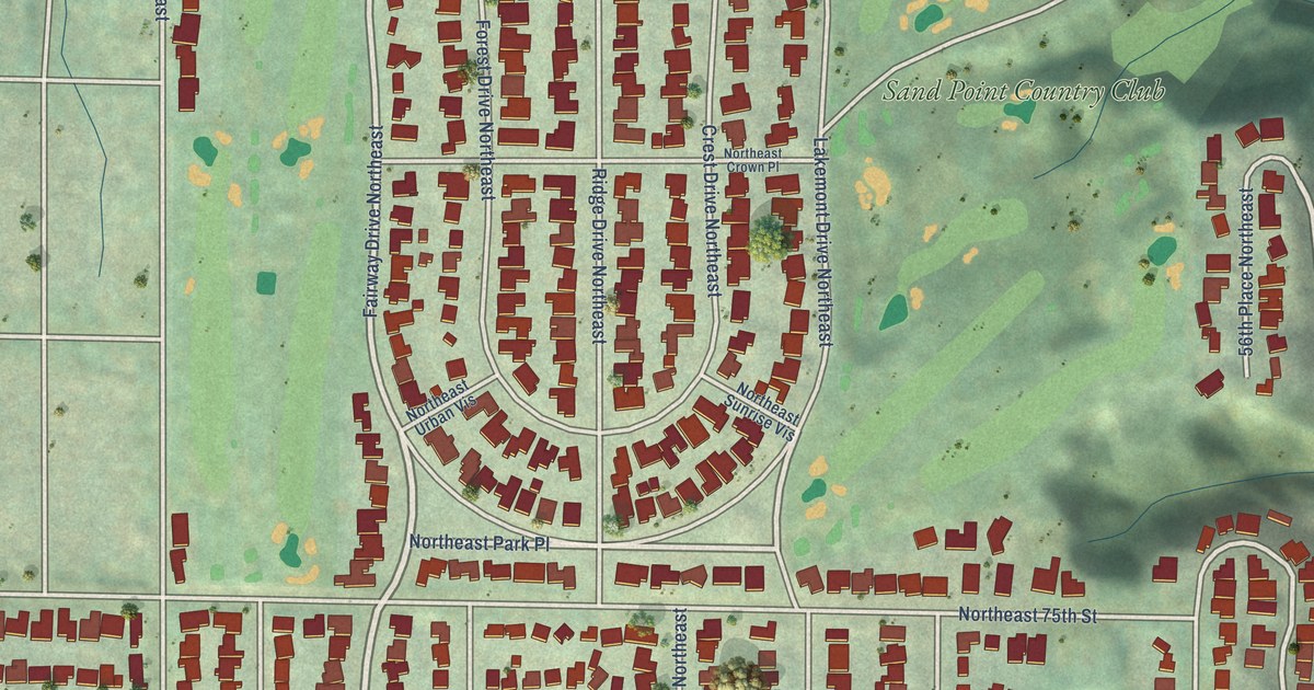 Close-up of streets and buildings in View Ridge, Washington