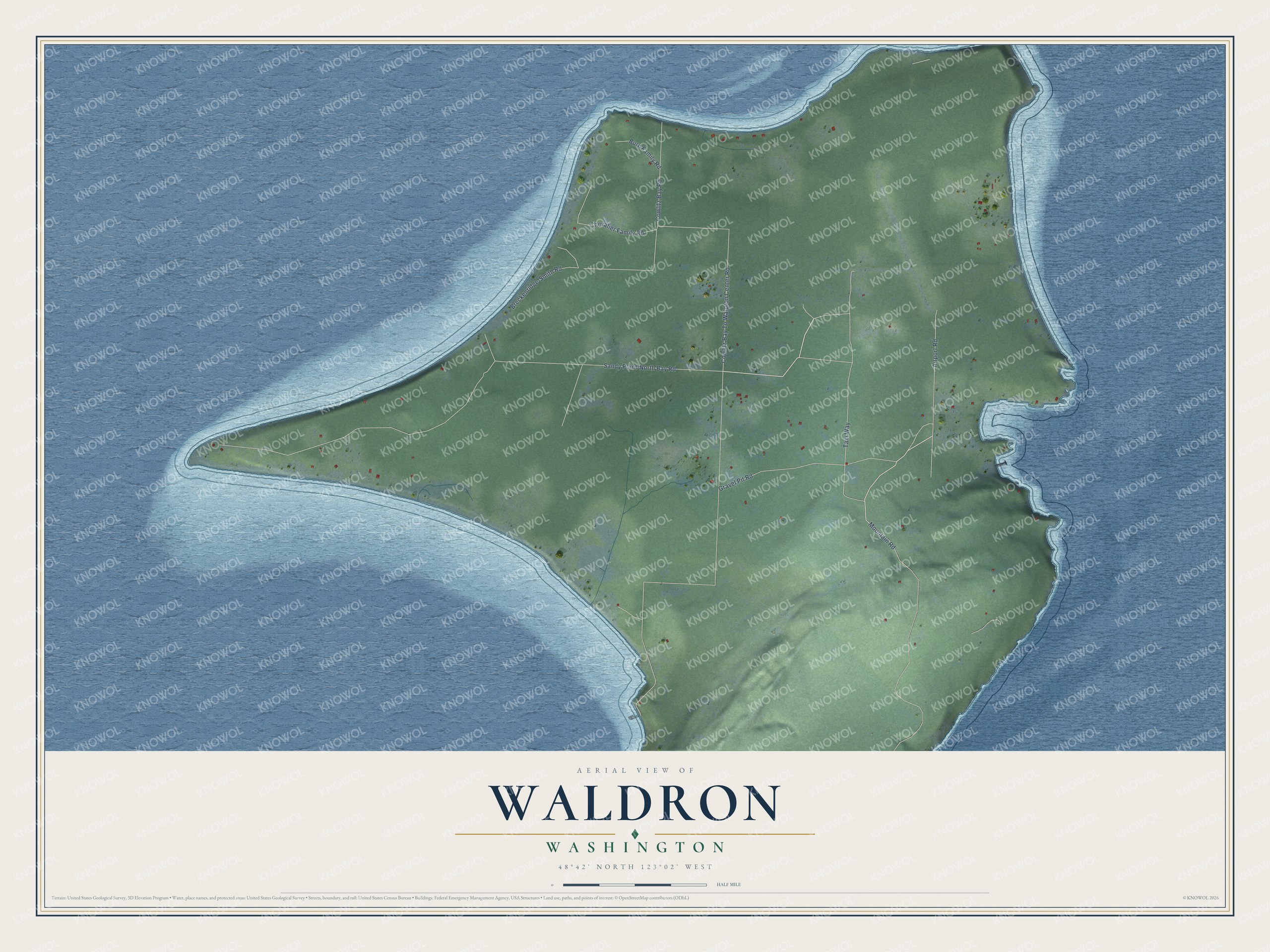 Full map of Waldron, Washington, with red buildings, printed street names and the land around them