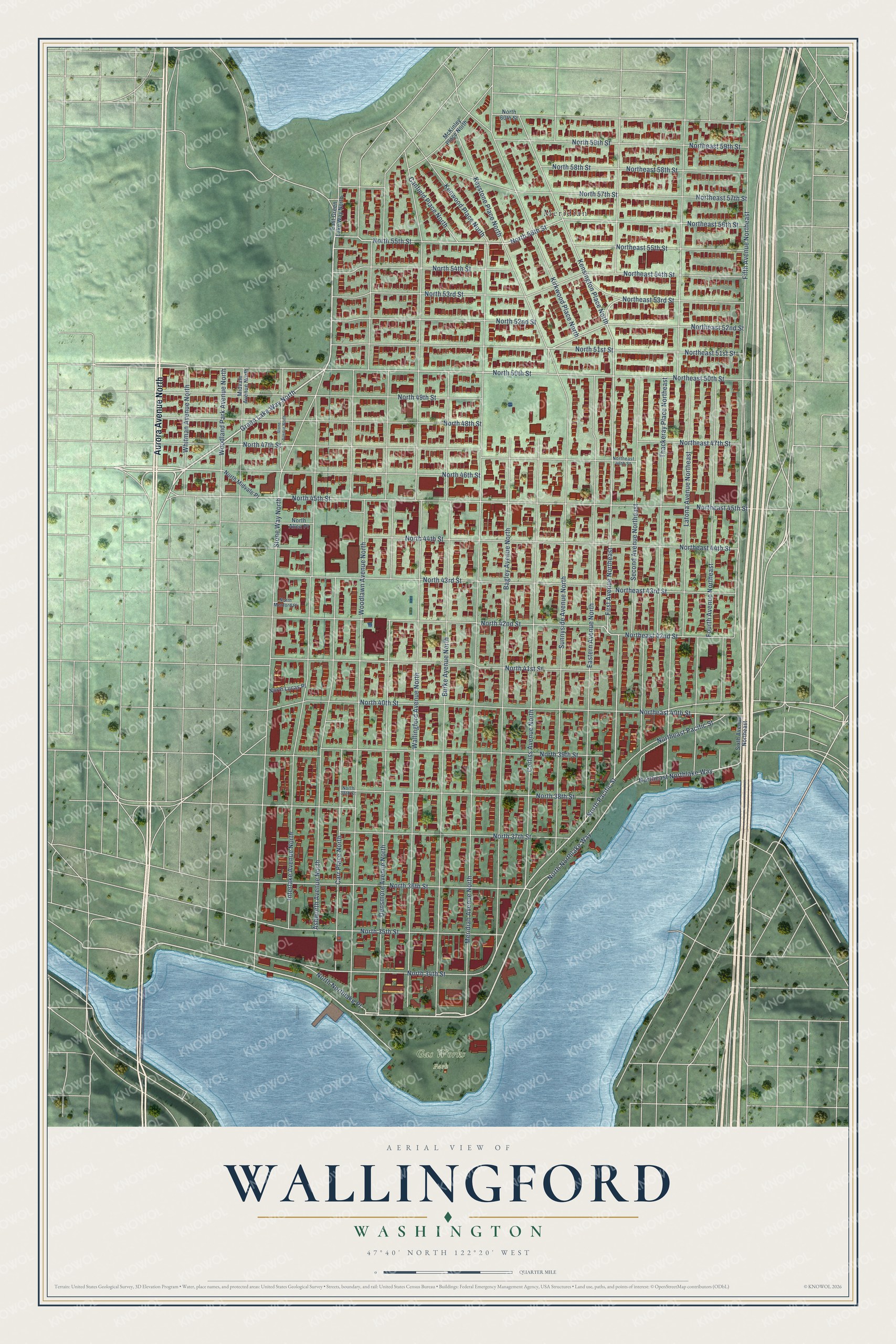 Full map of Wallingford, Washington, with red buildings, printed street names and the land around them