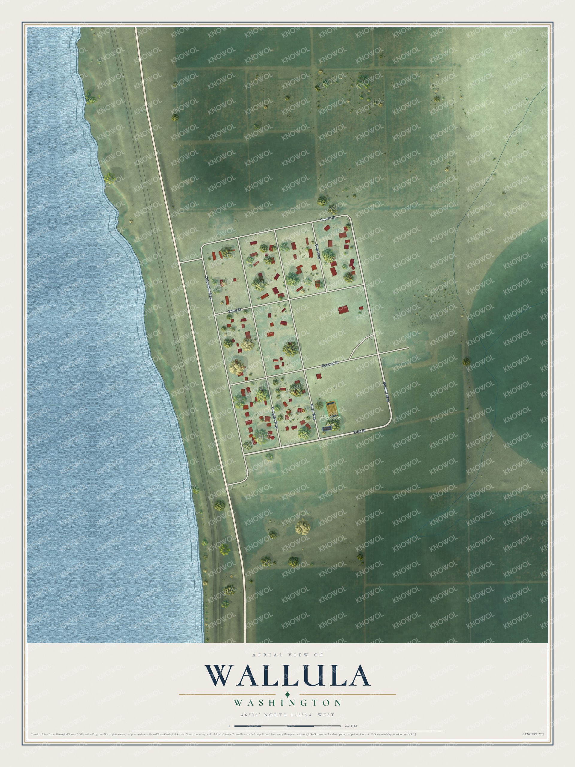Full map of Wallula, Washington, with red buildings, printed street names and the land around them