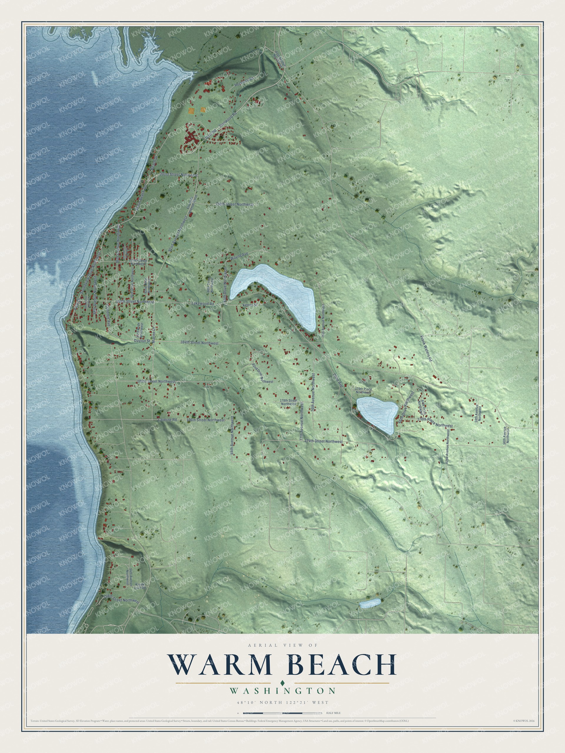 Full map of Warm Beach, Washington, with red buildings, printed street names and the land around them