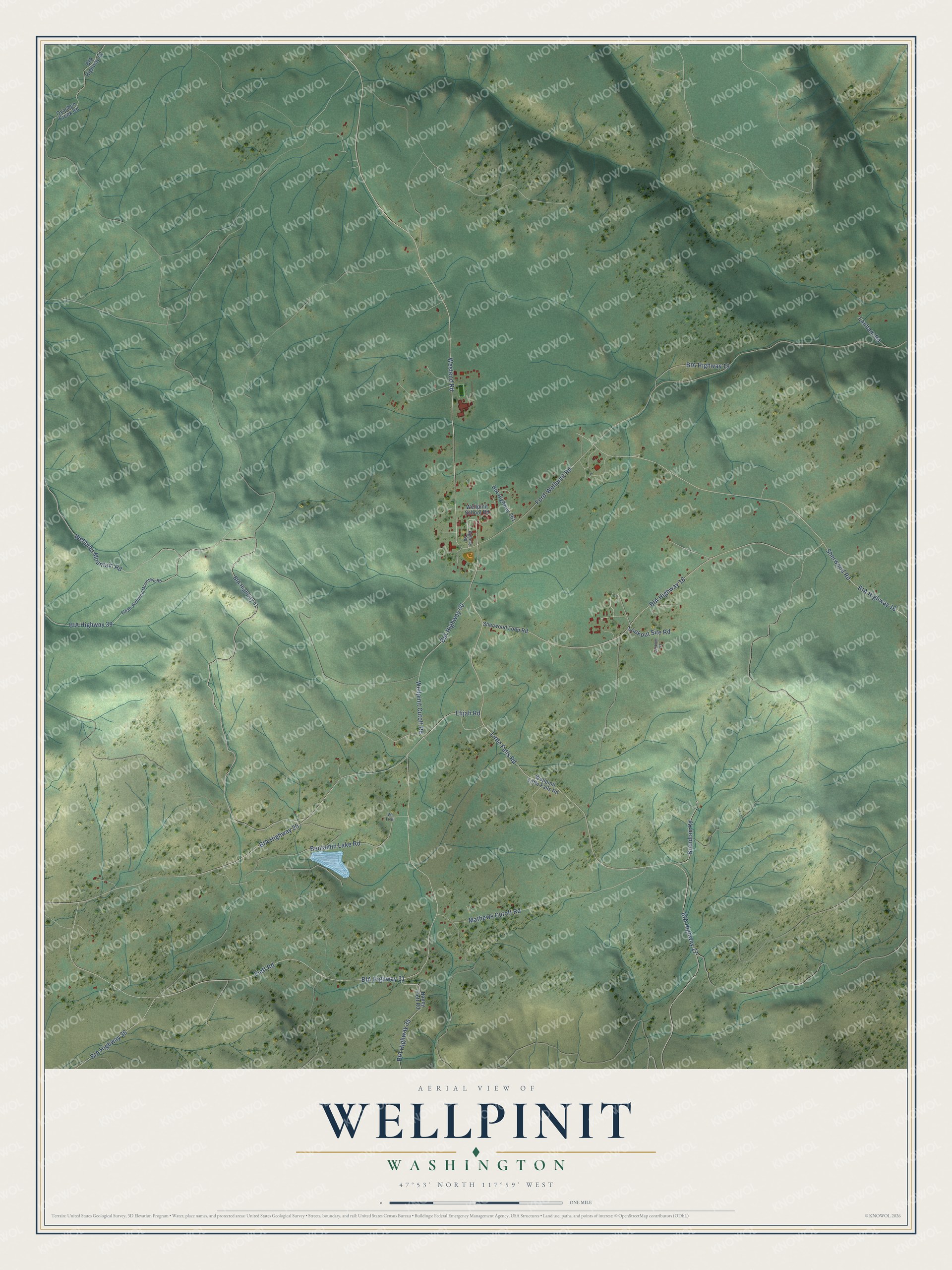 Full map of Wellpinit, Washington, with red buildings, printed street names and the land around them