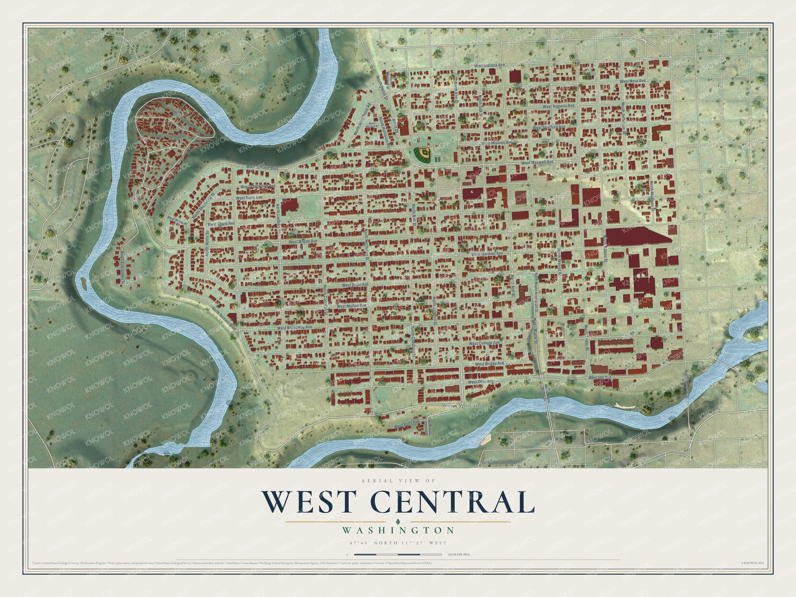 Full map of West Central, Washington, with red buildings, printed street names and the land around them