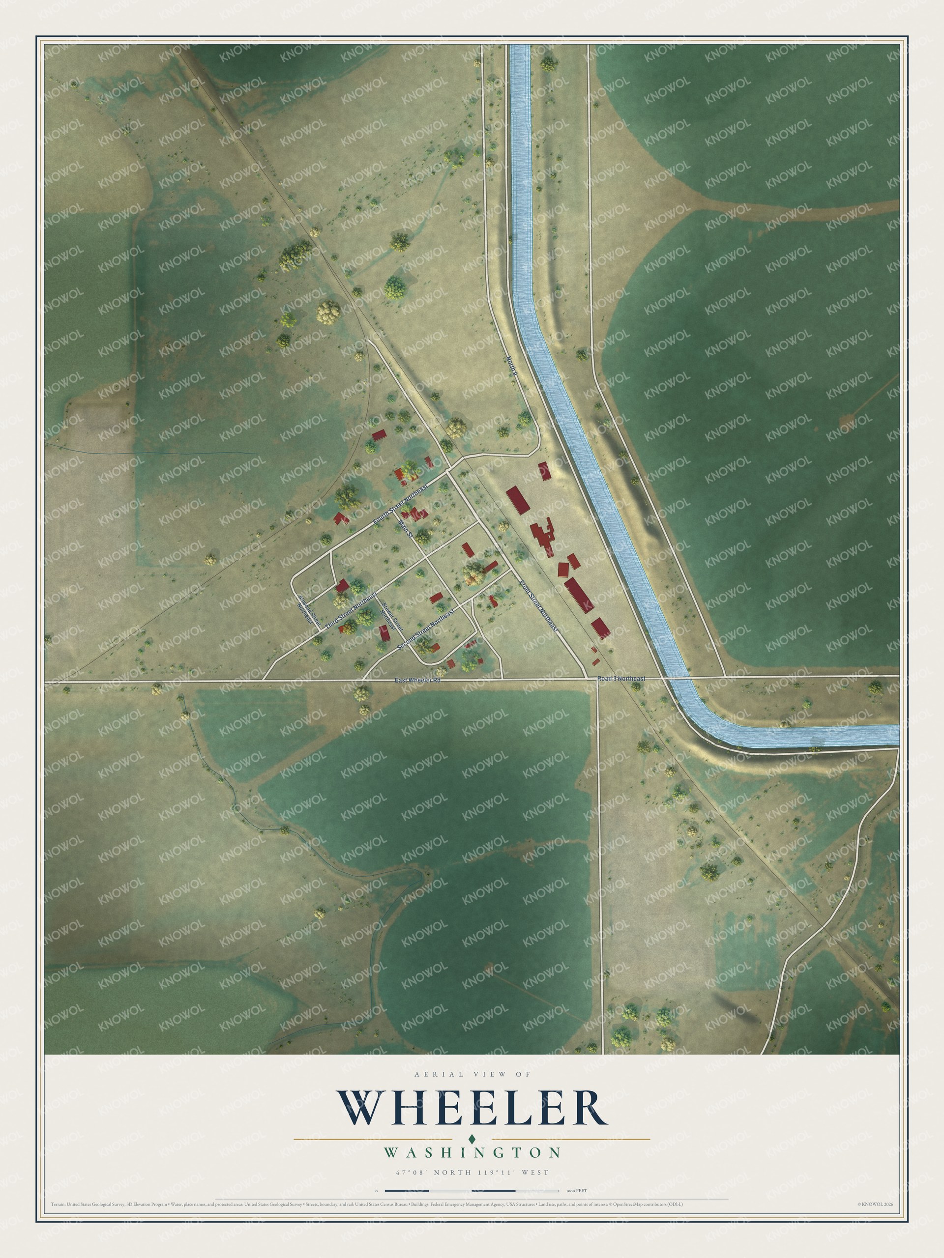 Full map of Wheeler, Washington, with red buildings, printed street names and the land around them