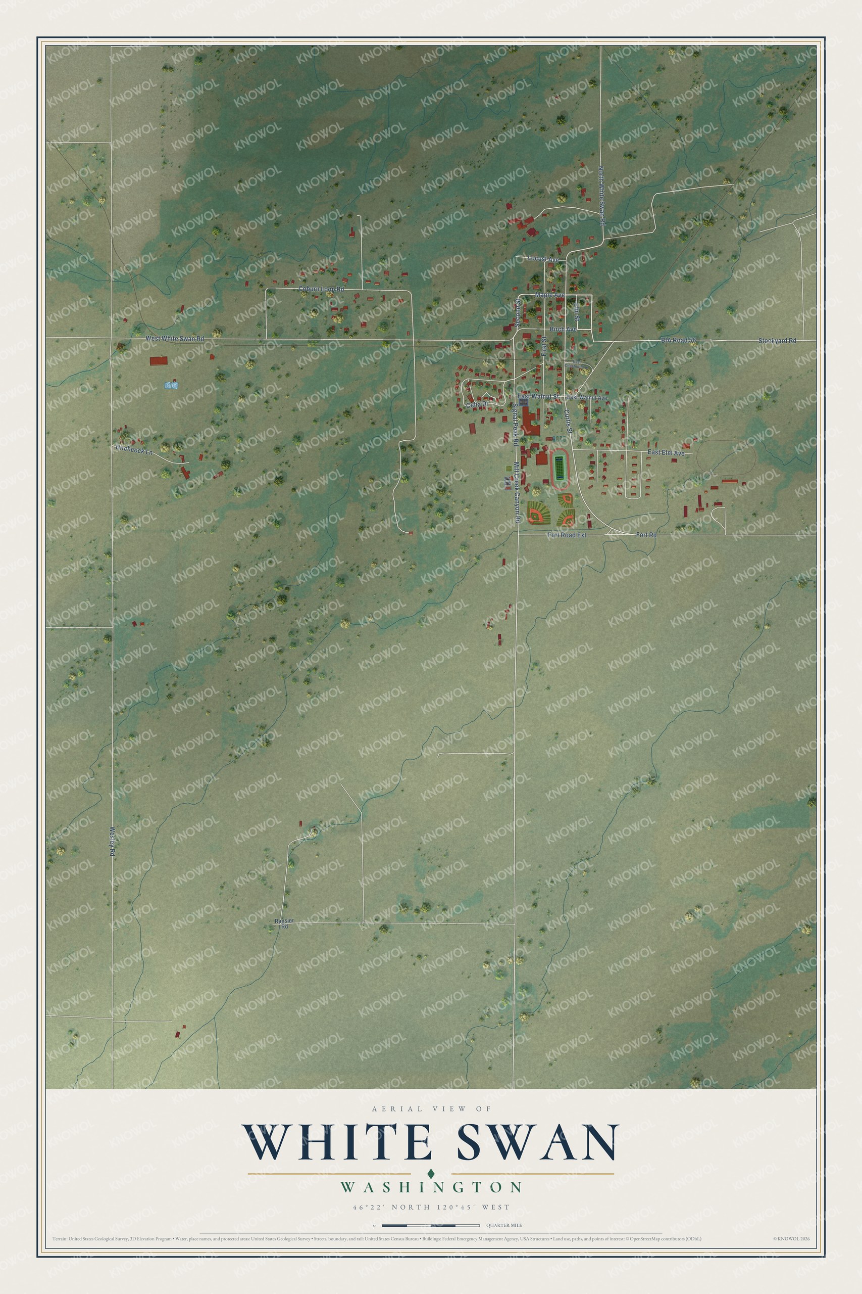 Full map of White Swan, Washington, with red buildings, printed street names and the land around them
