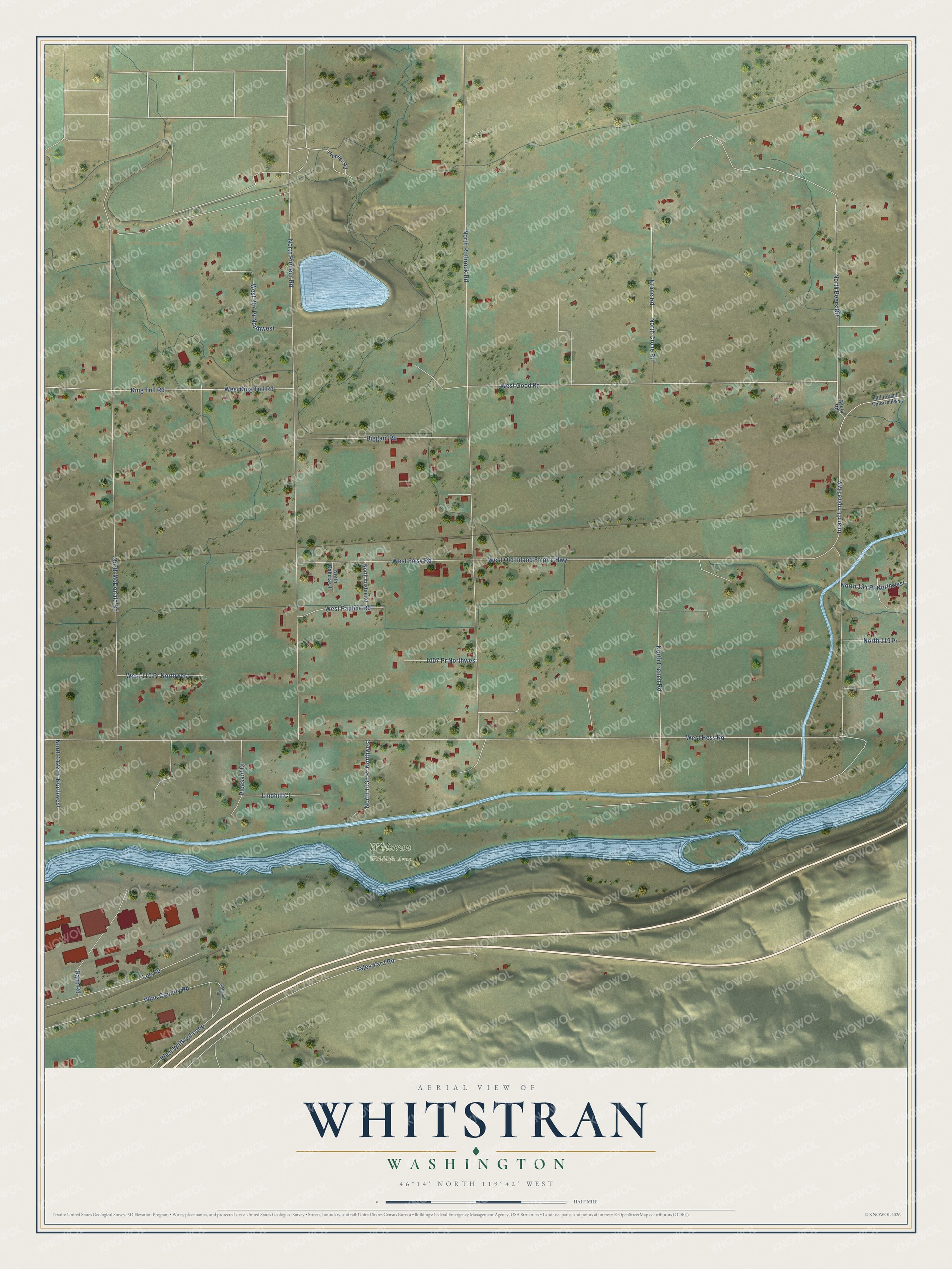 Full map of Whitstran, Washington, with red buildings, printed street names and the land around them
