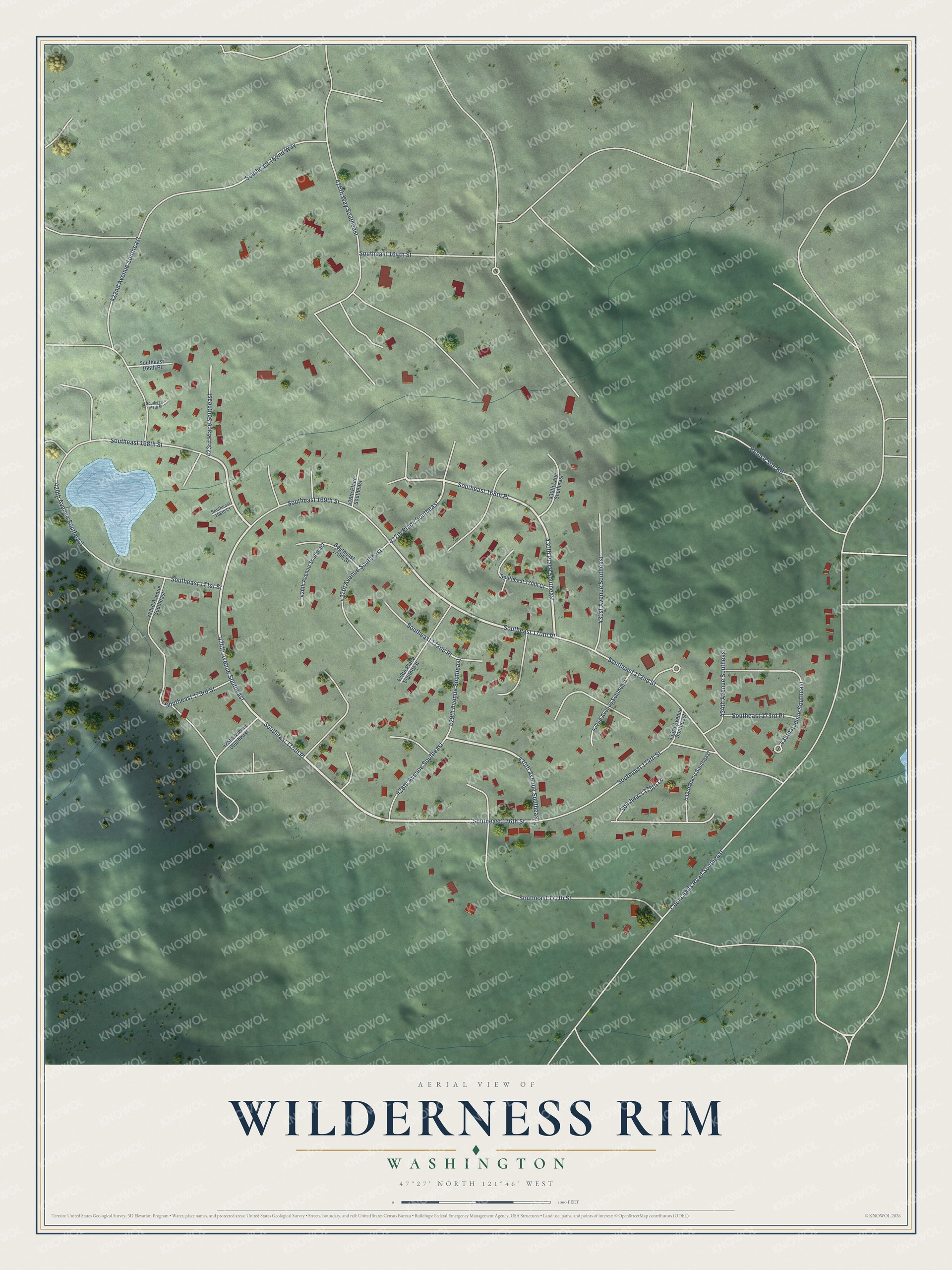 Full map of Wilderness Rim, Washington, with red buildings, printed street names and the land around them