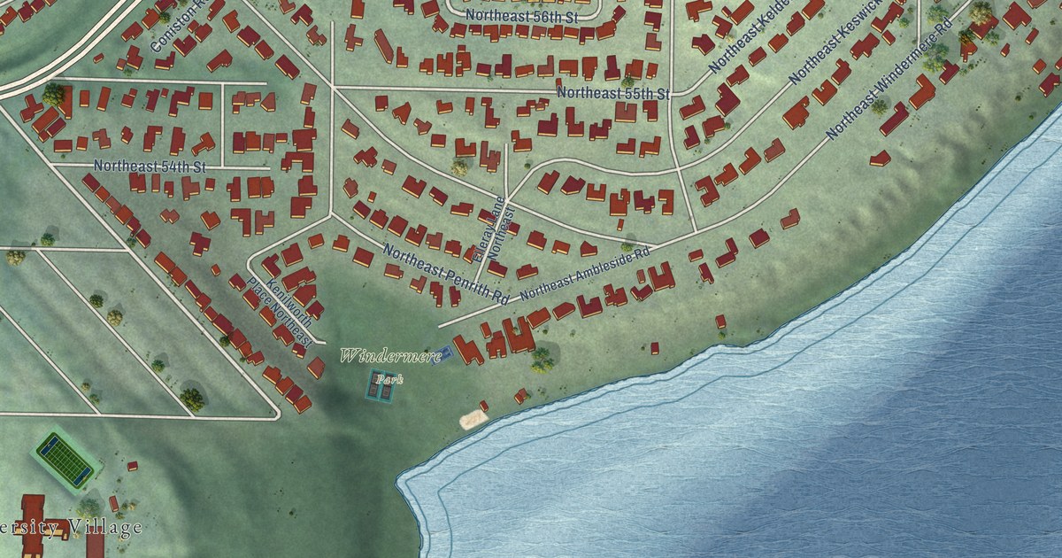 Close-up of streets and buildings in Windermere, Washington