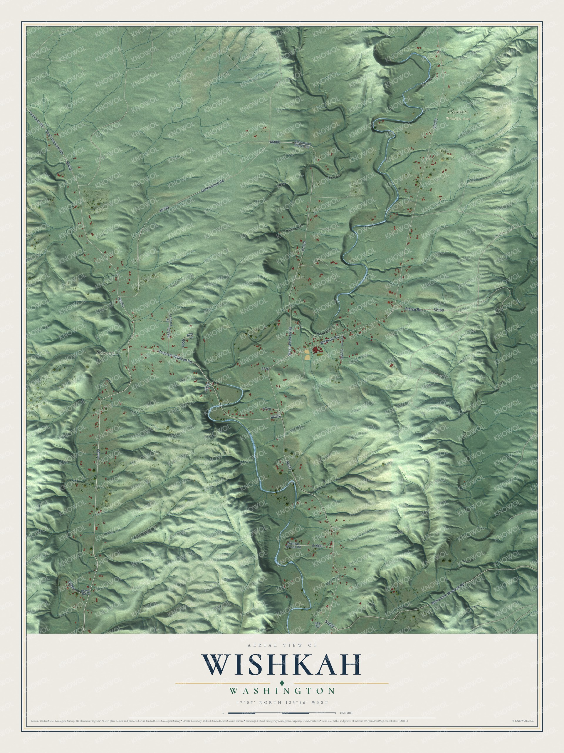 Full map of Wishkah, Washington, with red buildings, printed street names and the land around them