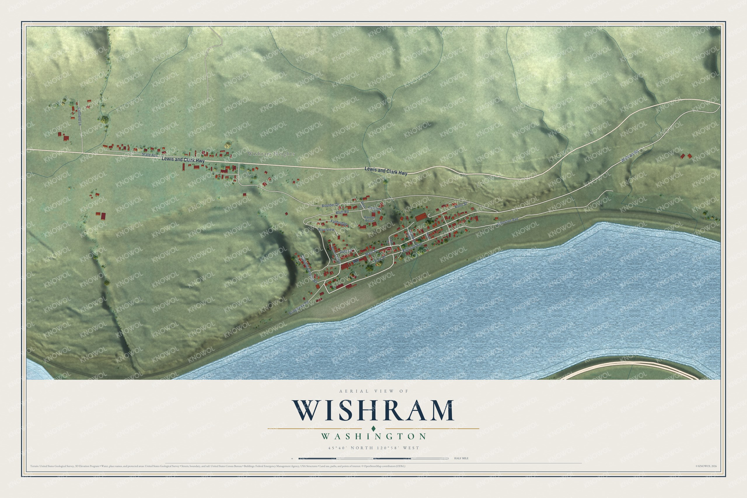 Full map of Wishram, Washington, with red buildings, printed street names and the land around them