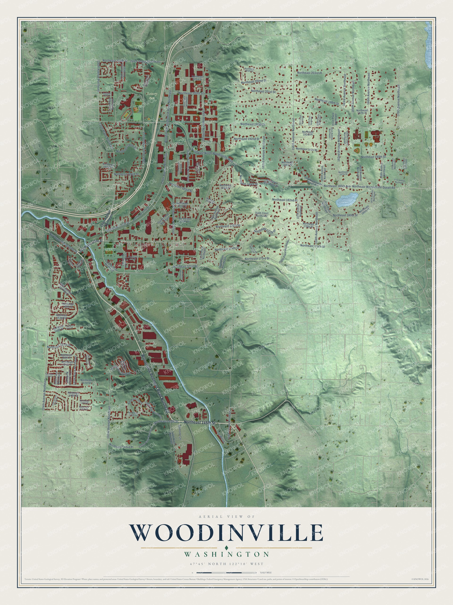 Full map of Woodinville, Washington, with red buildings, printed street names and the land around them