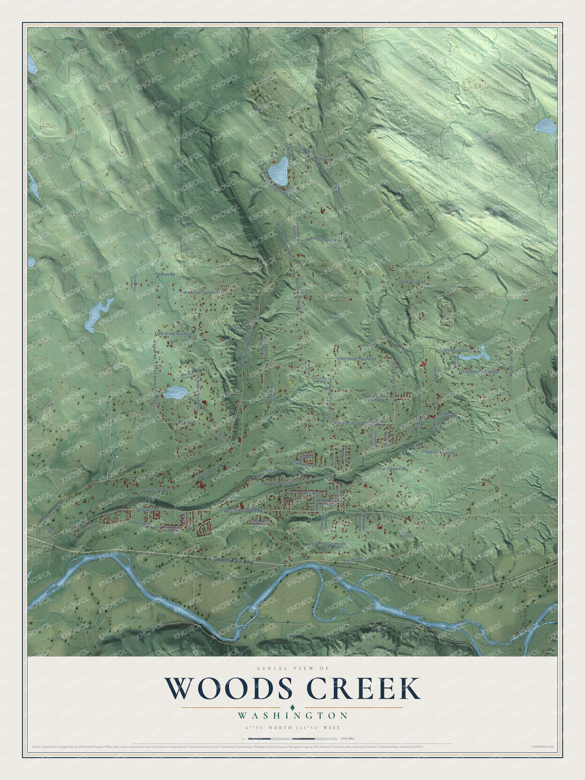 Full map of Woods Creek, Washington, with red buildings, printed street names and the land around them