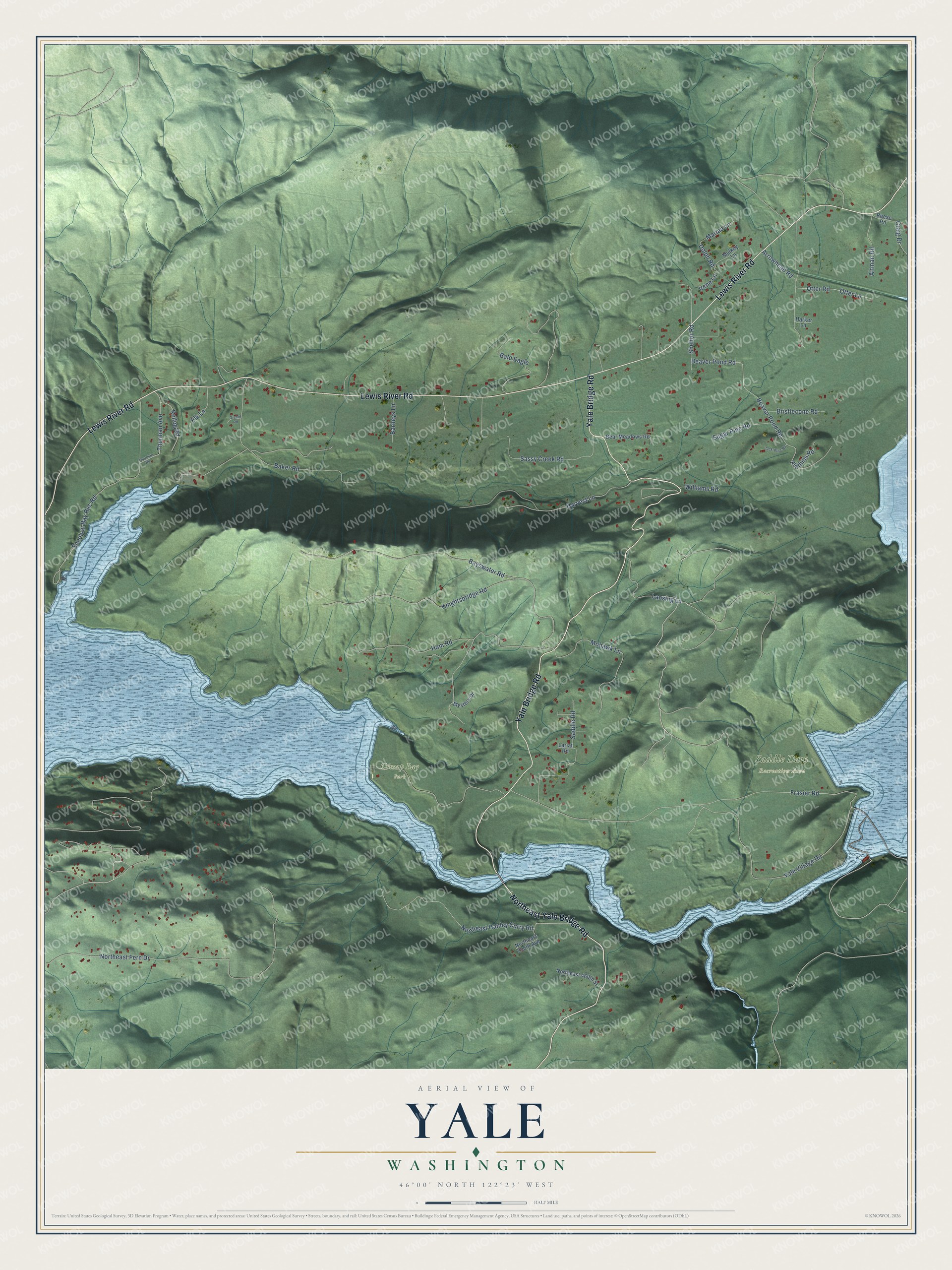 Full map of Yale, Washington, with red buildings, printed street names and the land around them