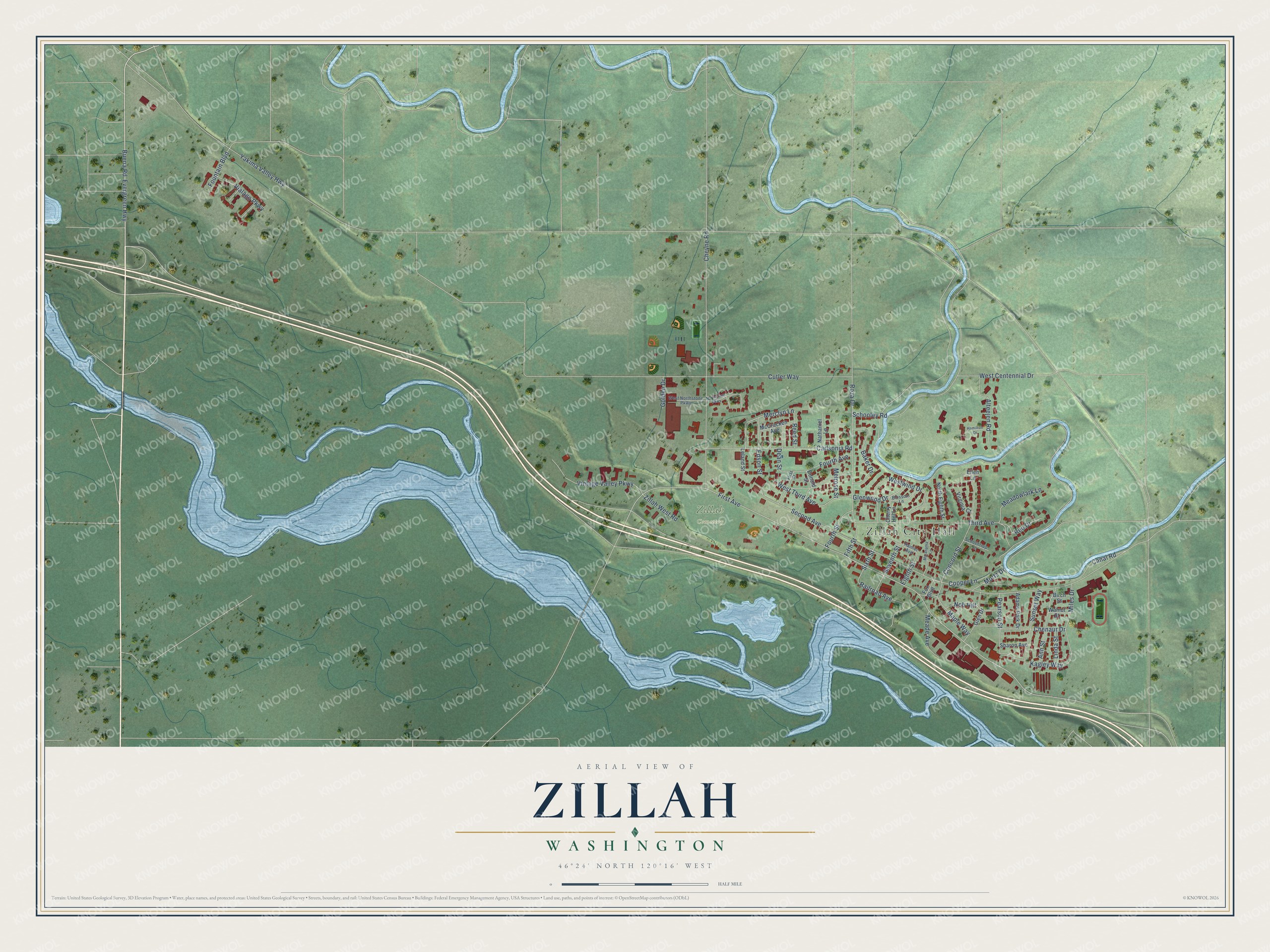 Full map of Zillah, Washington, with red buildings, printed street names and the land around them