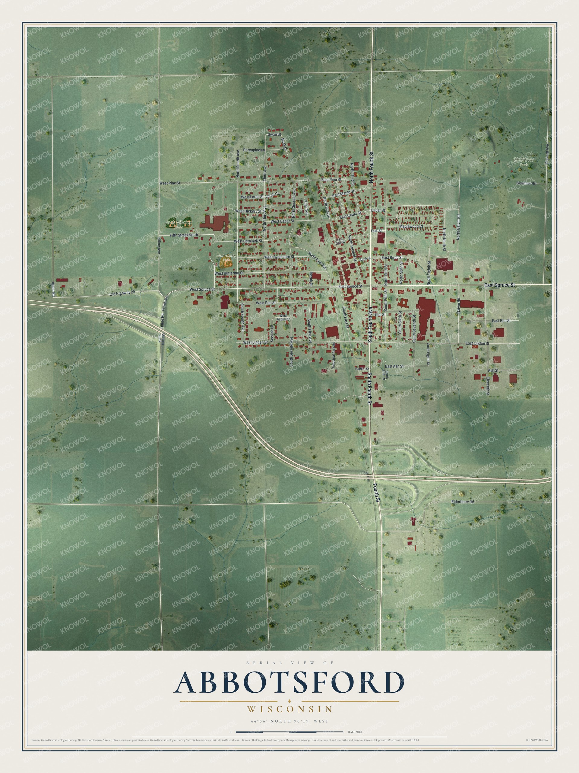 Full map of Abbotsford, Wisconsin, with red buildings, printed street names and the land around them