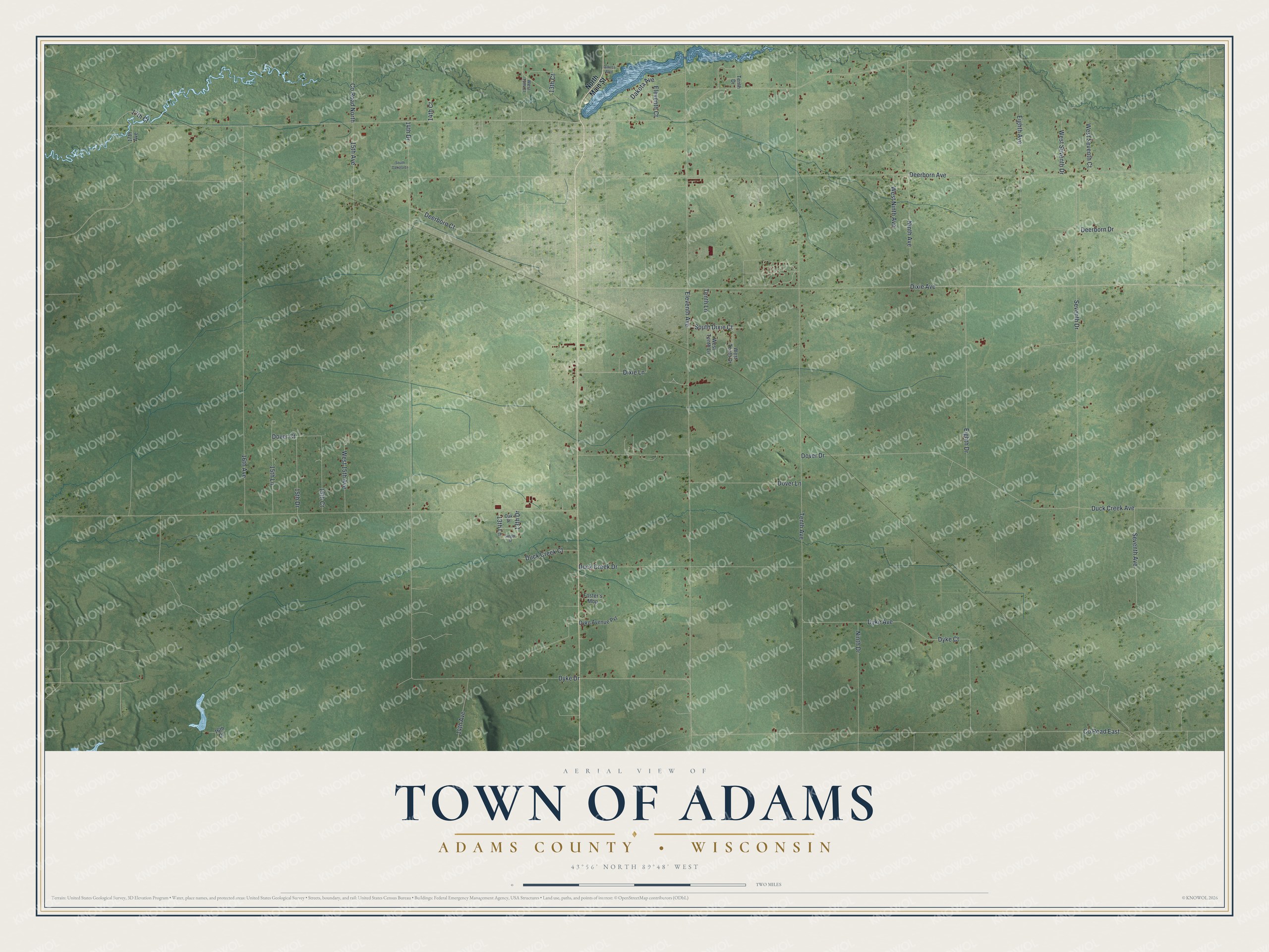 Full map of Adams, Wisconsin, with red buildings, printed street names and the land around them