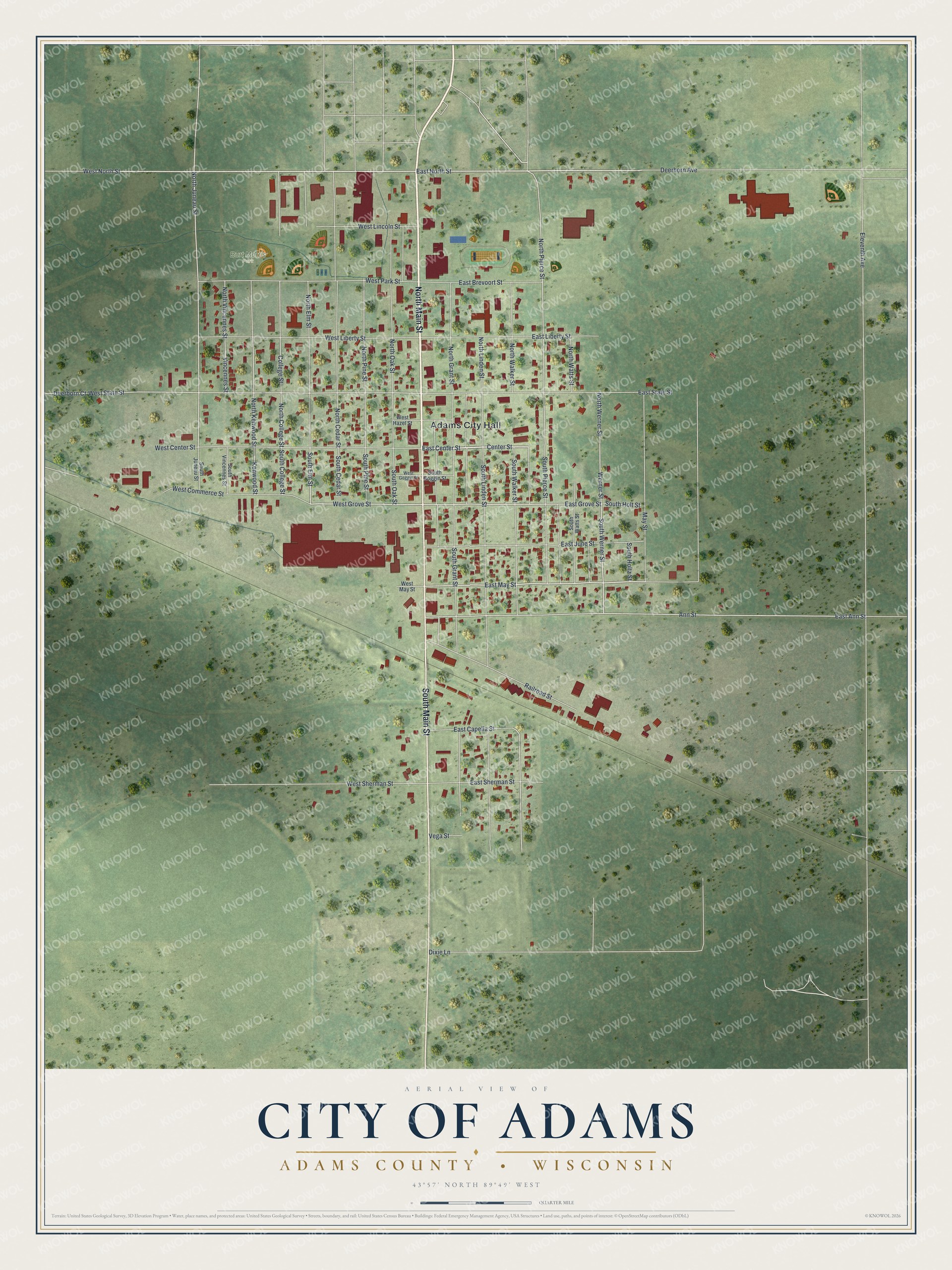 Full map of Adams, Wisconsin, with red buildings, printed street names and the land around them