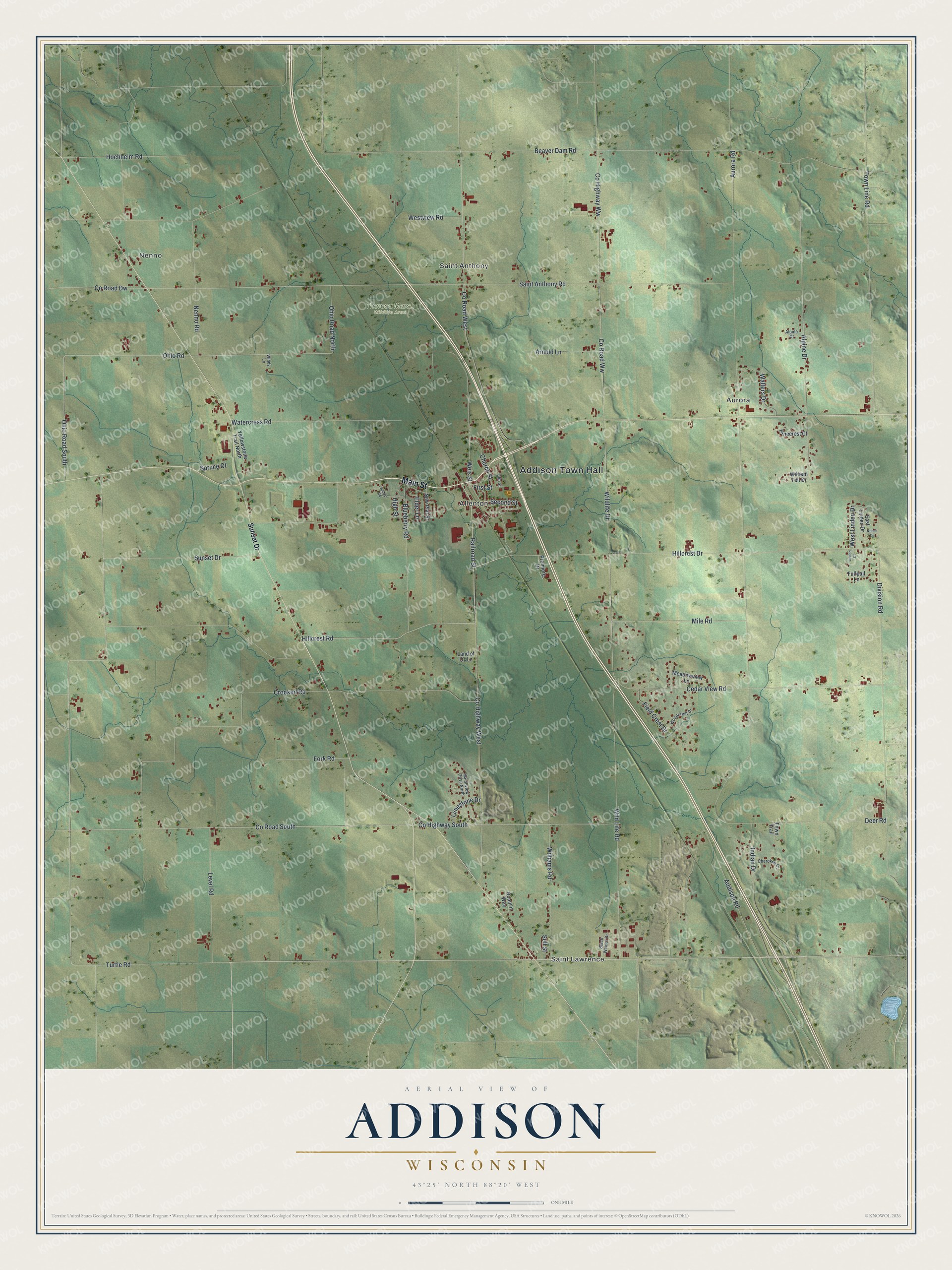 Full map of Addison, Wisconsin, with red buildings, printed street names and the land around them
