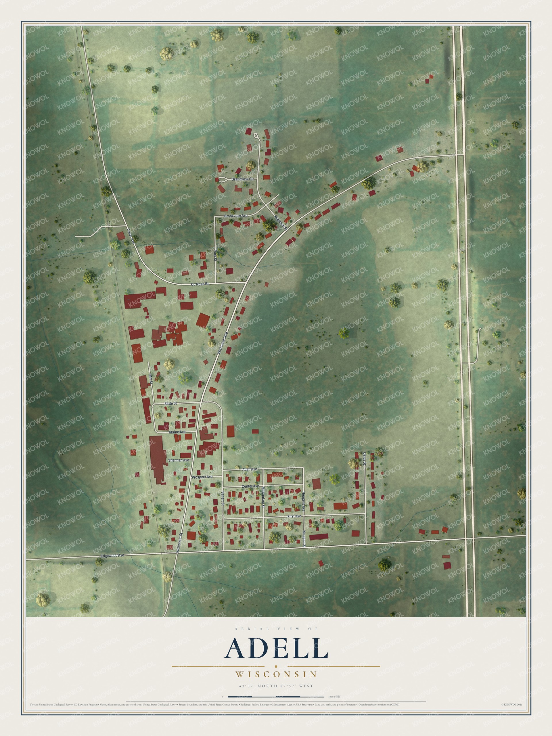 Full map of Adell, Wisconsin, with red buildings, printed street names and the land around them