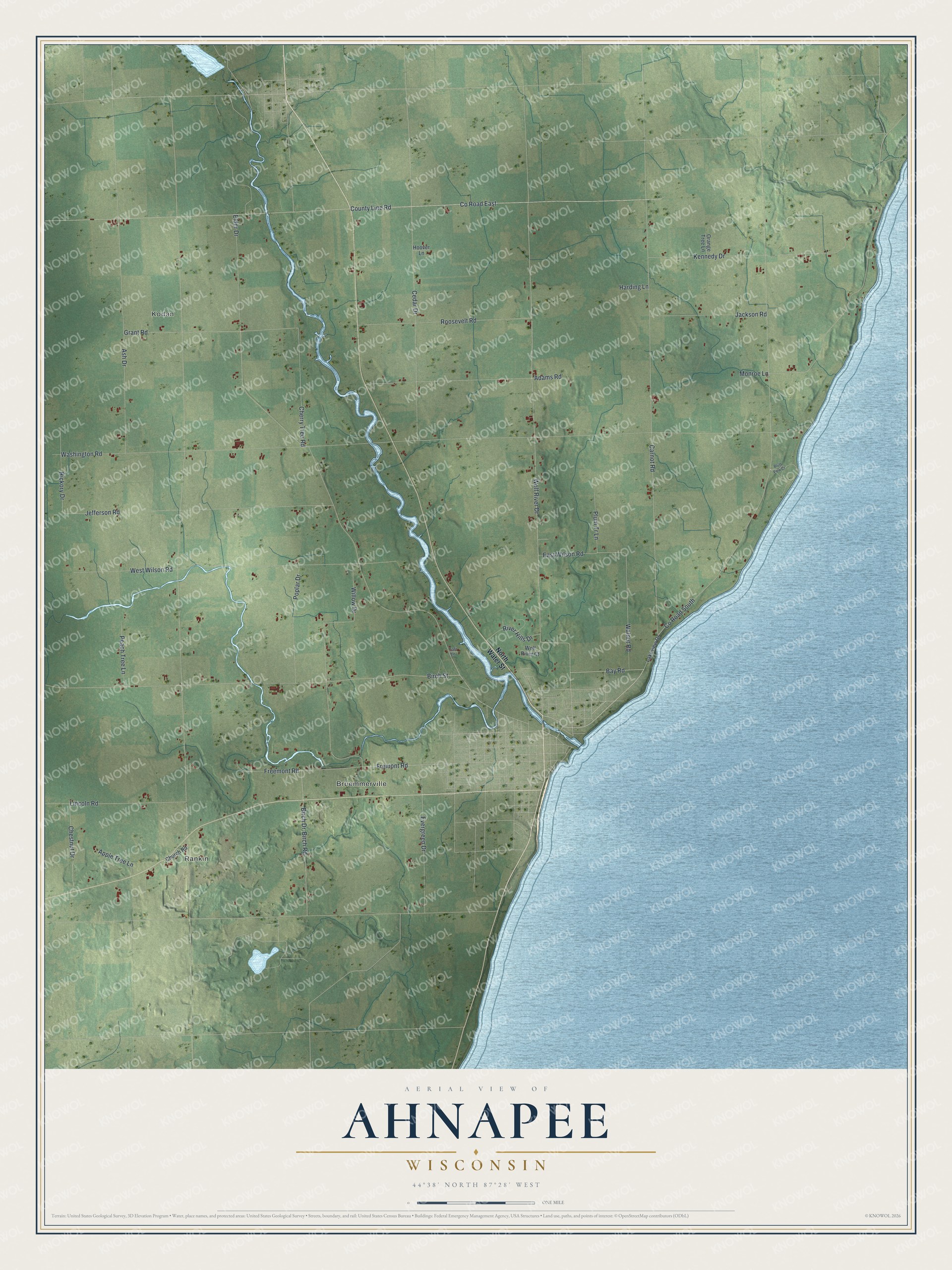 Full map of Ahnapee, Wisconsin, with red buildings, printed street names and the land around them