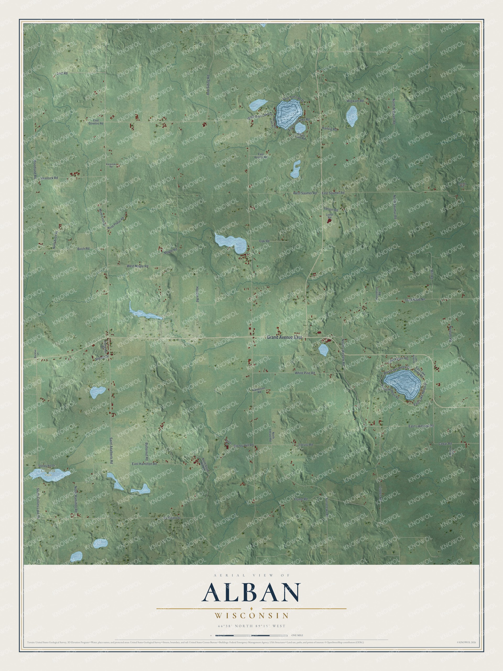 Full map of Alban, Wisconsin, with red buildings, printed street names and the land around them