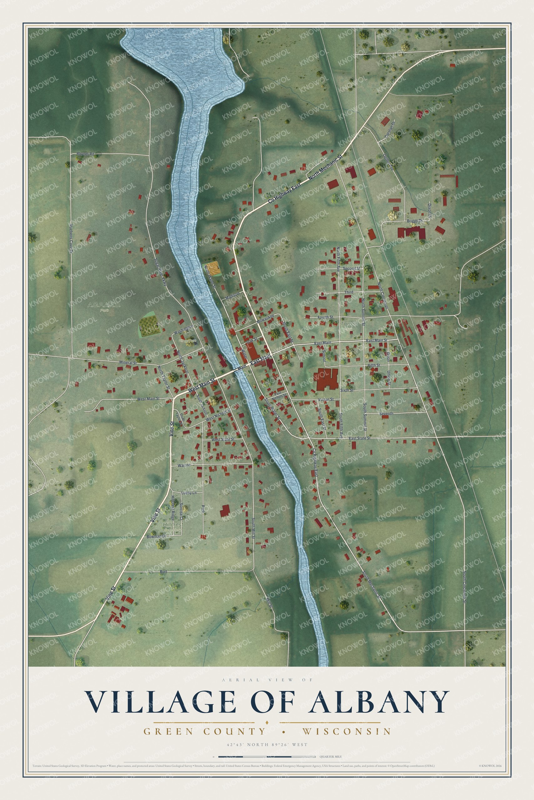 Full map of Albany, Wisconsin, with red buildings, printed street names and the land around them