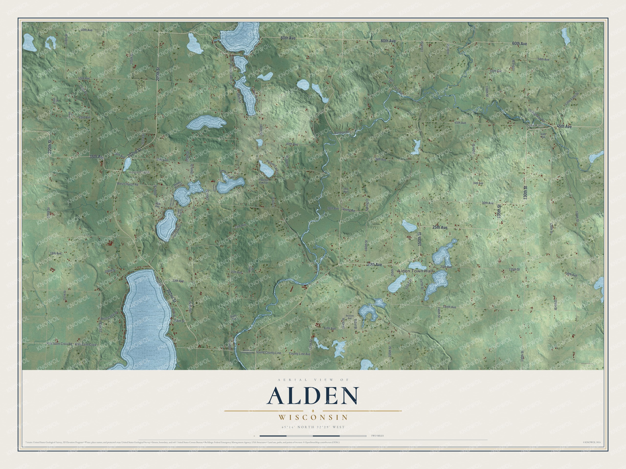 Full map of Alden, Wisconsin, with red buildings, printed street names and the land around them