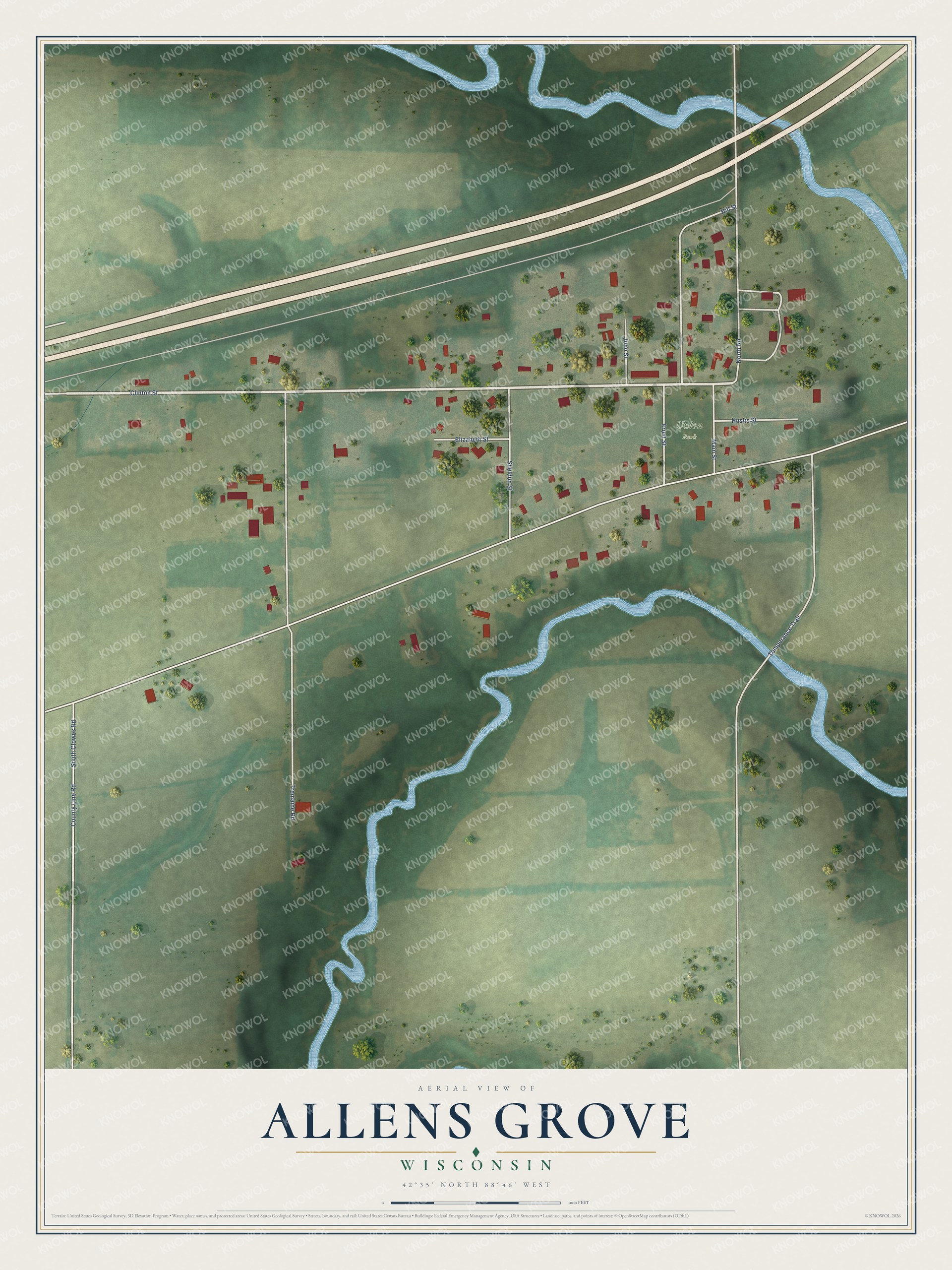Full map of Allens Grove, Wisconsin, with red buildings, printed street names and the land around them