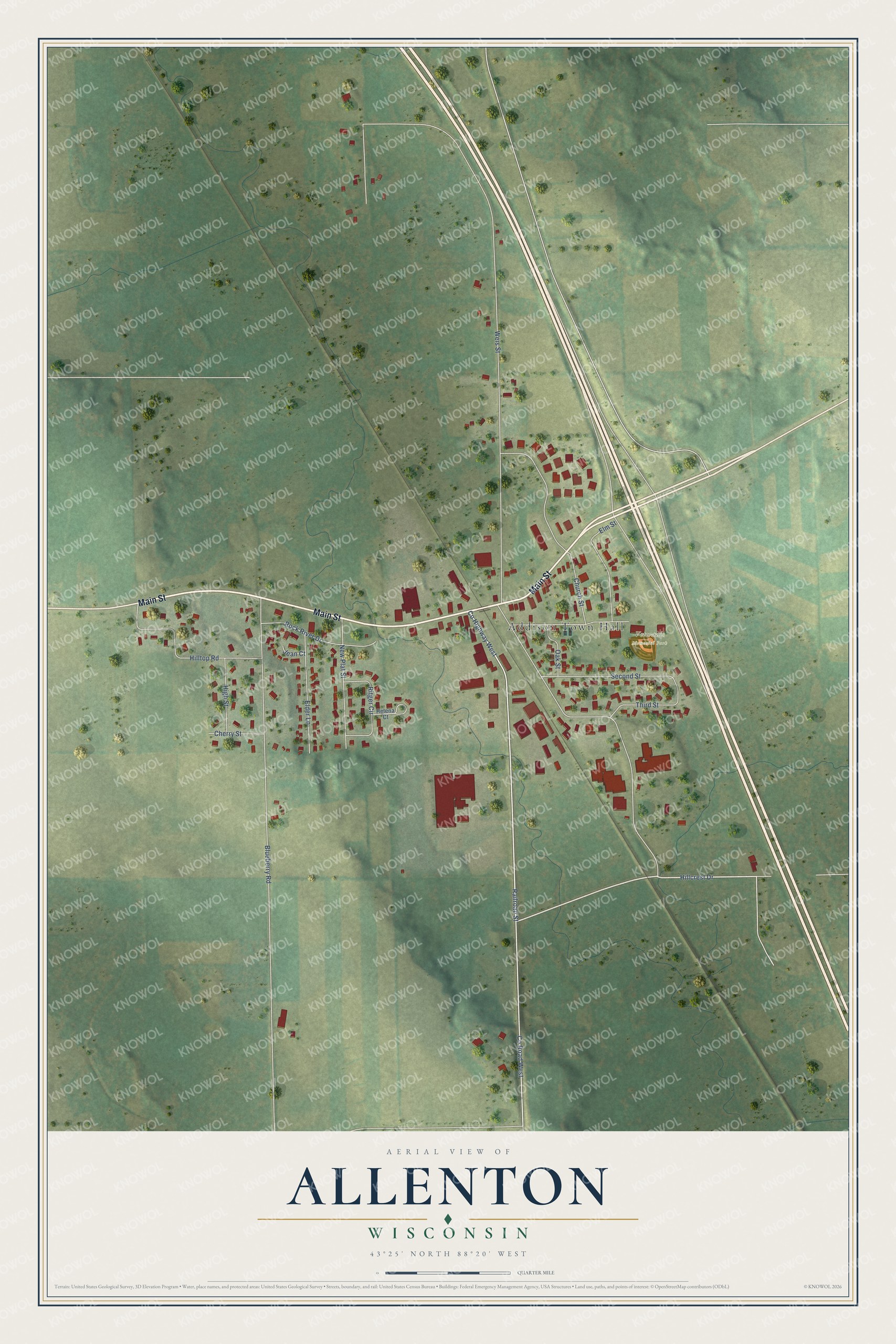 Full map of Allenton, Wisconsin, with red buildings, printed street names and the land around them