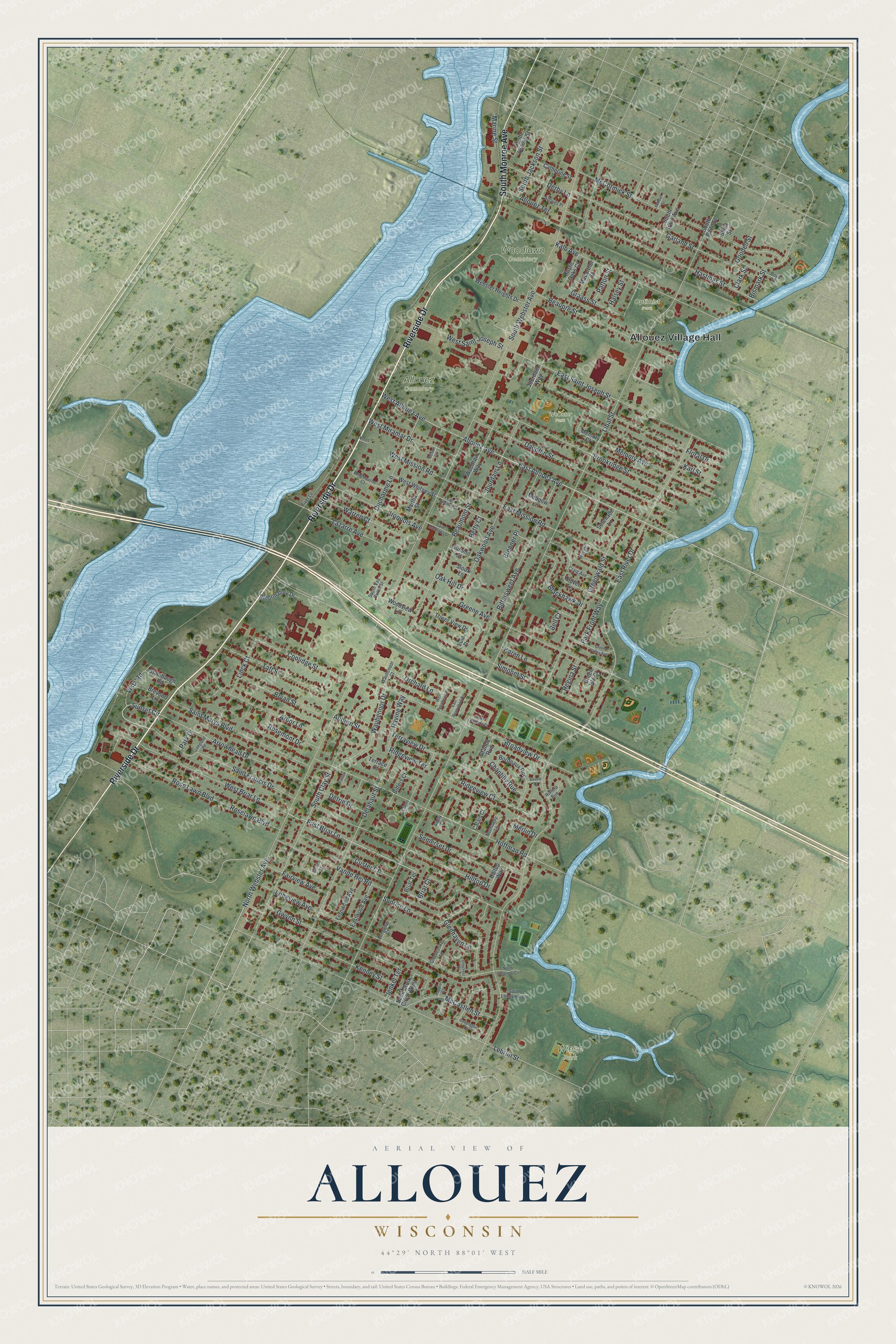 Full map of Allouez, Wisconsin, with red buildings, printed street names and the land around them