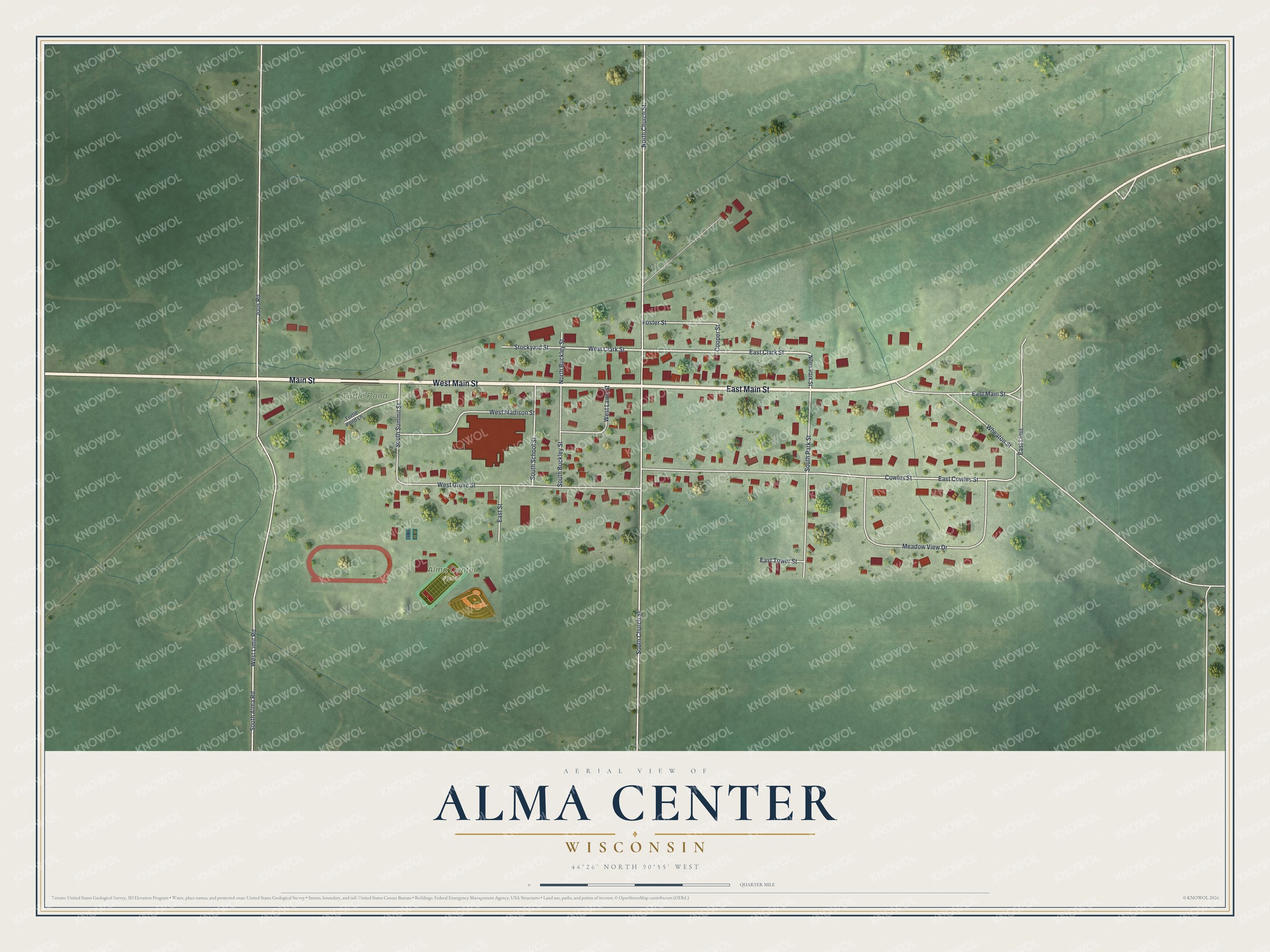 Full map of Alma Center, Wisconsin, with red buildings, printed street names and the land around them