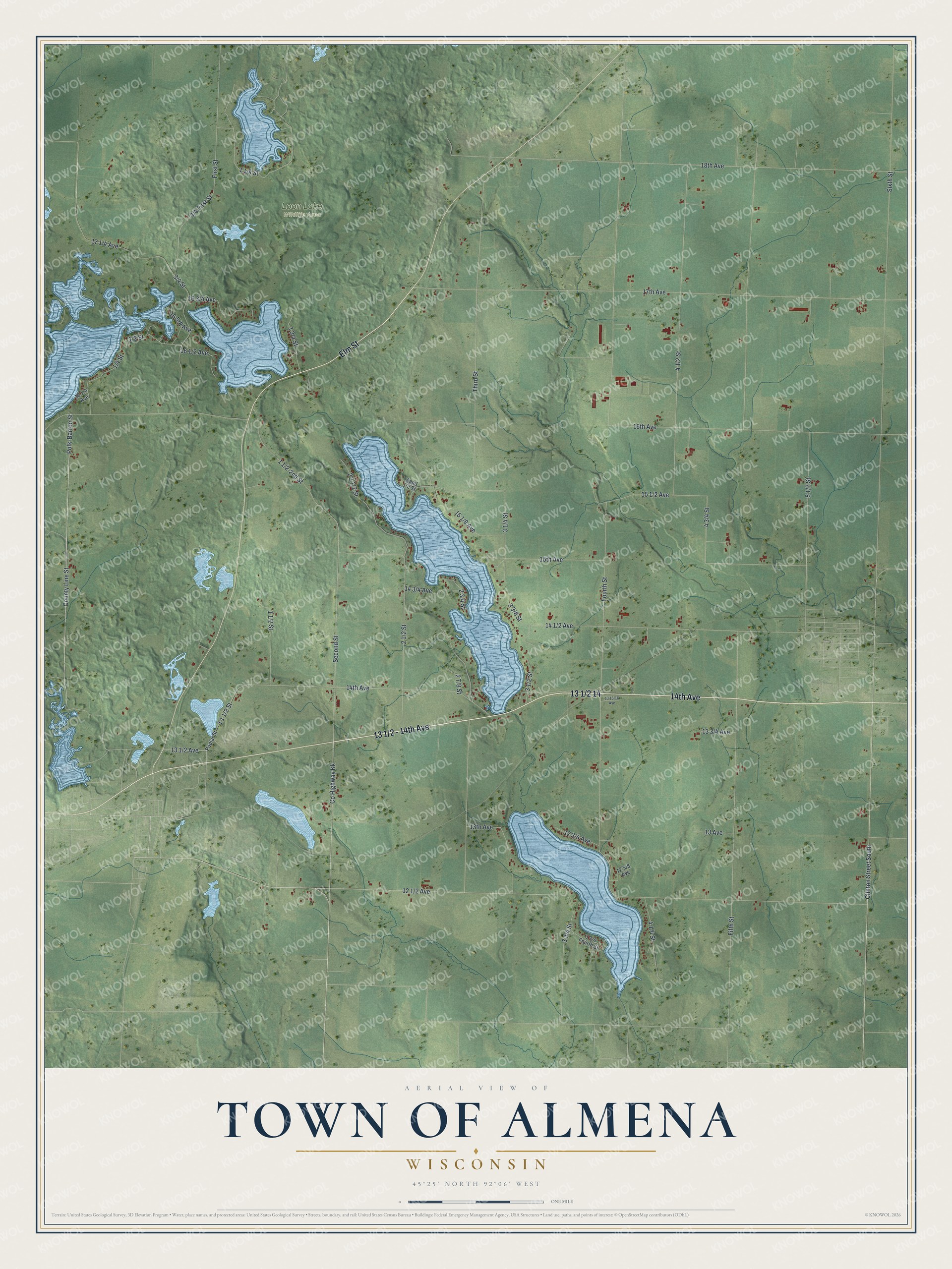 Full map of Almena, Wisconsin, with red buildings, printed street names and the land around them