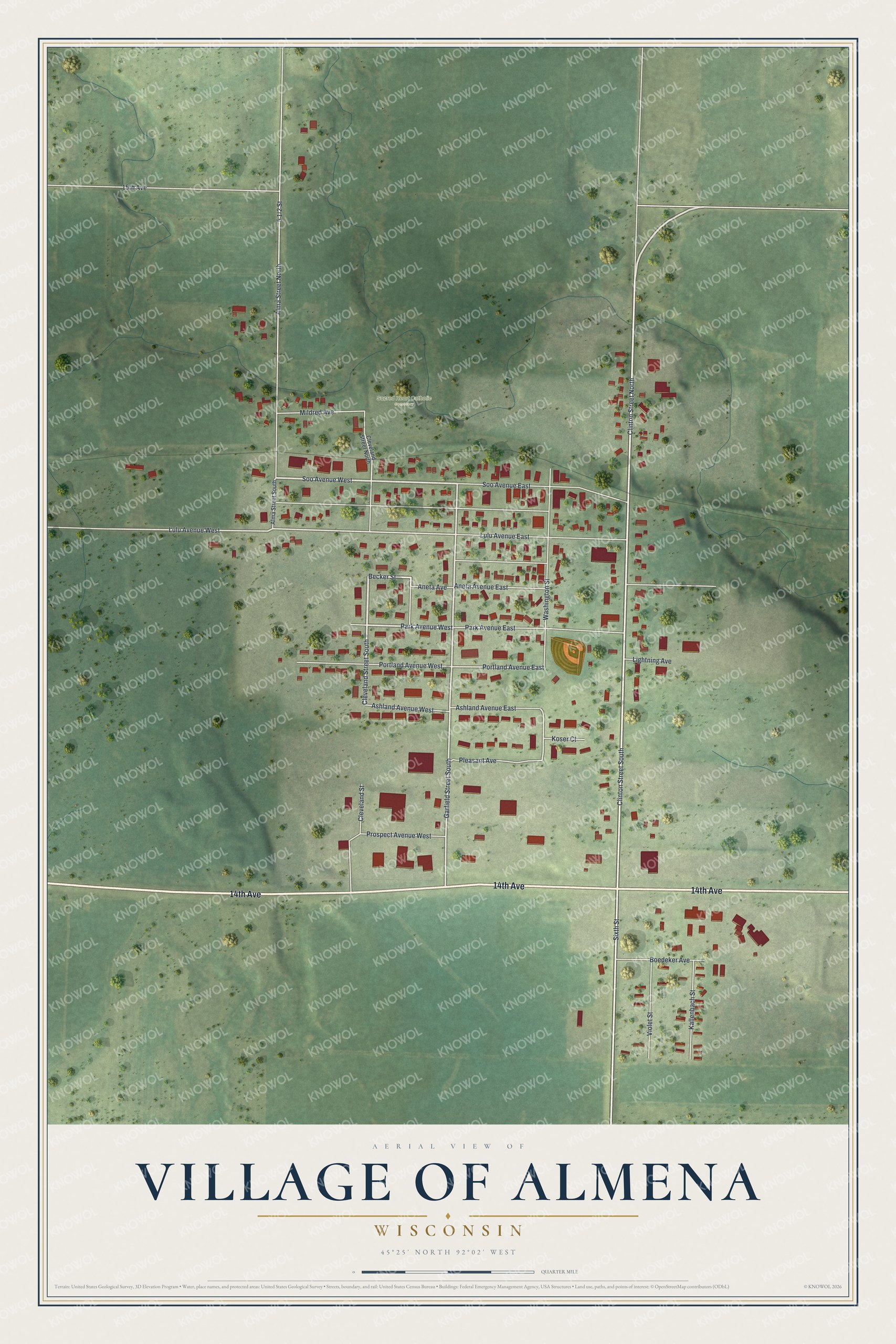 Full map of Almena, Wisconsin, with red buildings, printed street names and the land around them