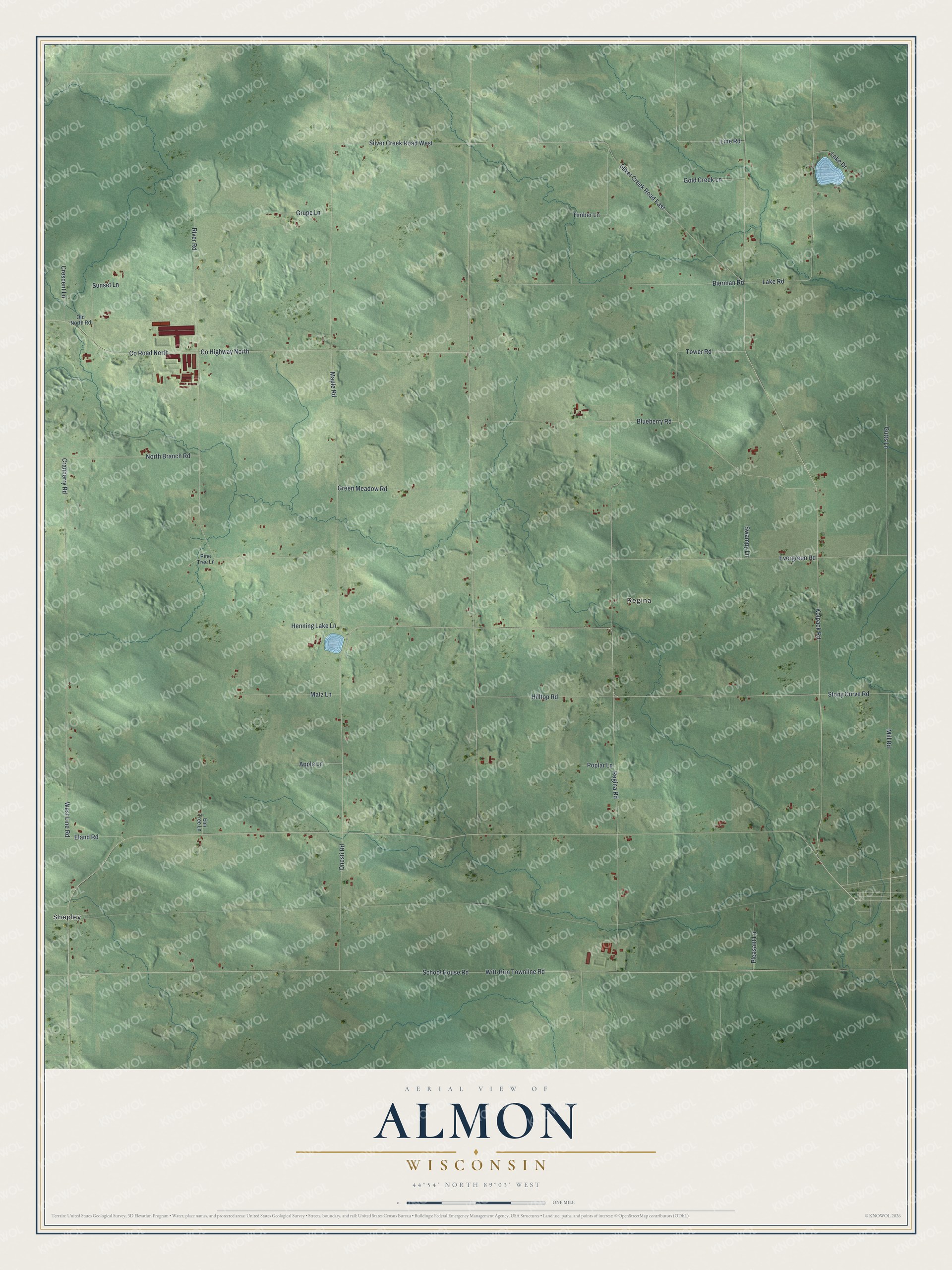 Full map of Almon, Wisconsin, with red buildings, printed street names and the land around them